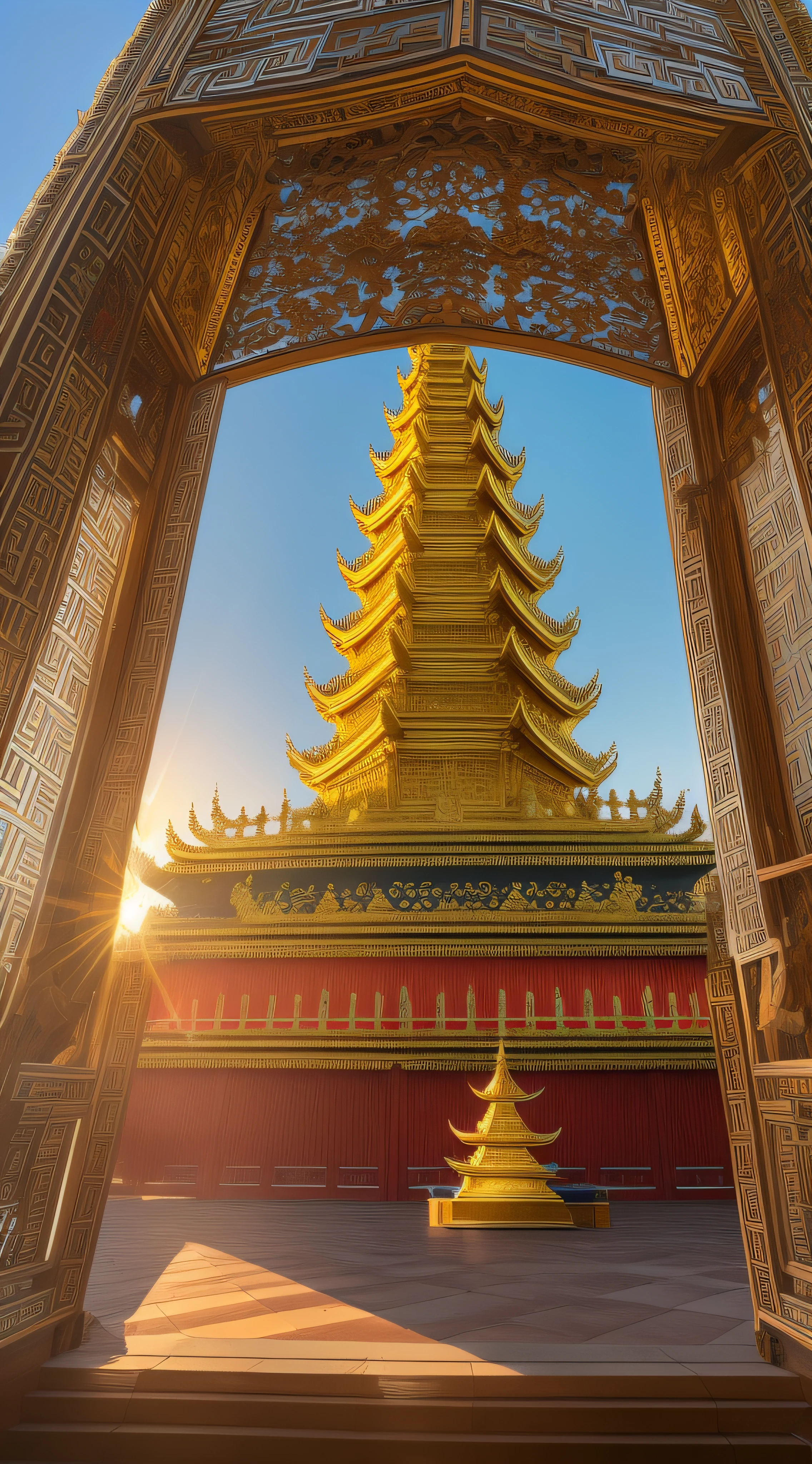 mesmerizing photo with the golden sunlight shining upon the Yen Tu summit, where the sacred and majestic Dong Pagoda stands. The scene is peaceful and spiritual, creating a sacred and tranquil space.