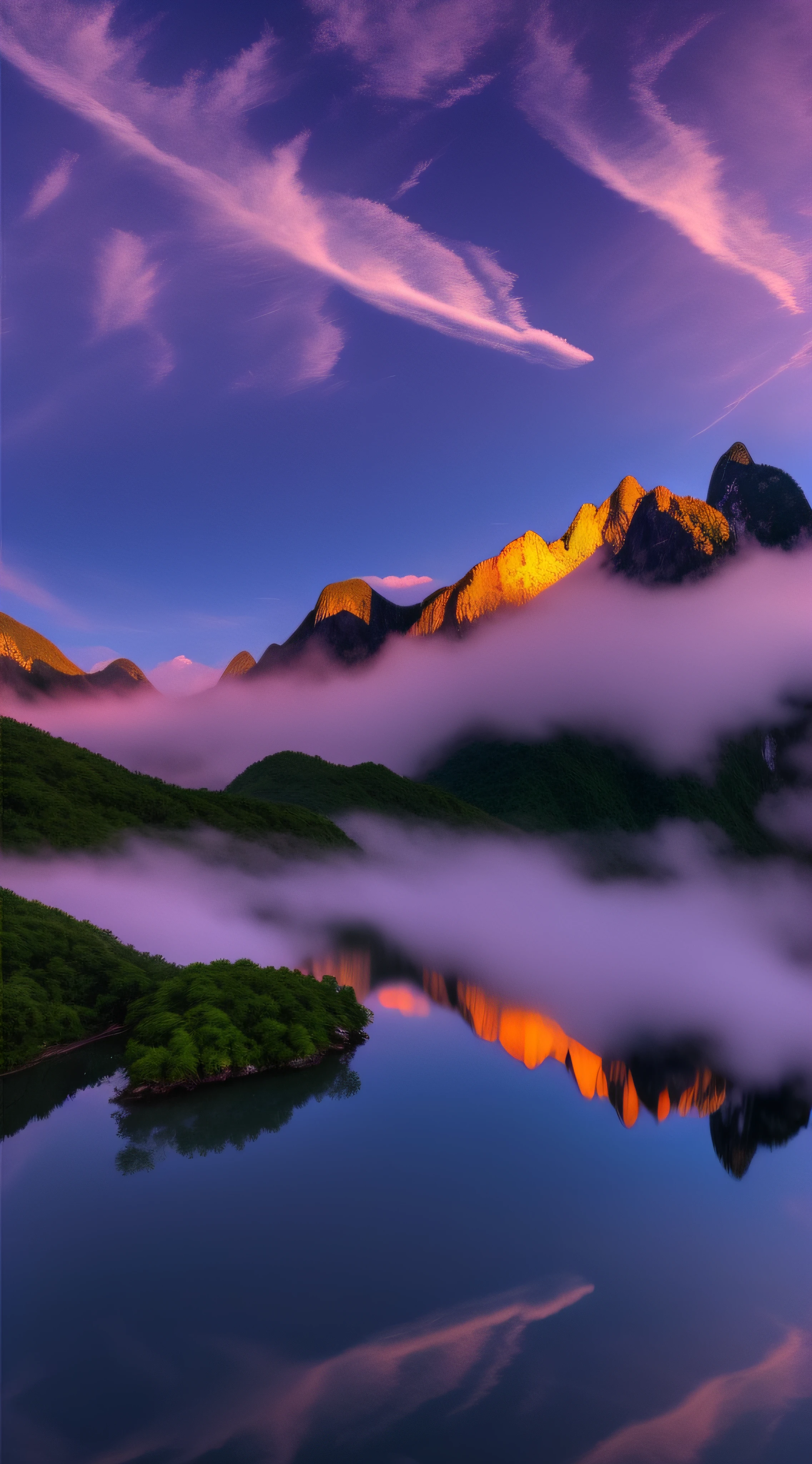 A breathtaking picture of the sunset casting its shimmering light upon the Fansipan Peak, the highest mountain in Vietnam. The scenery is pristine and captivating, with thin clouds caressing the mountain top, creating an endless feeling amidst the majestic nature.