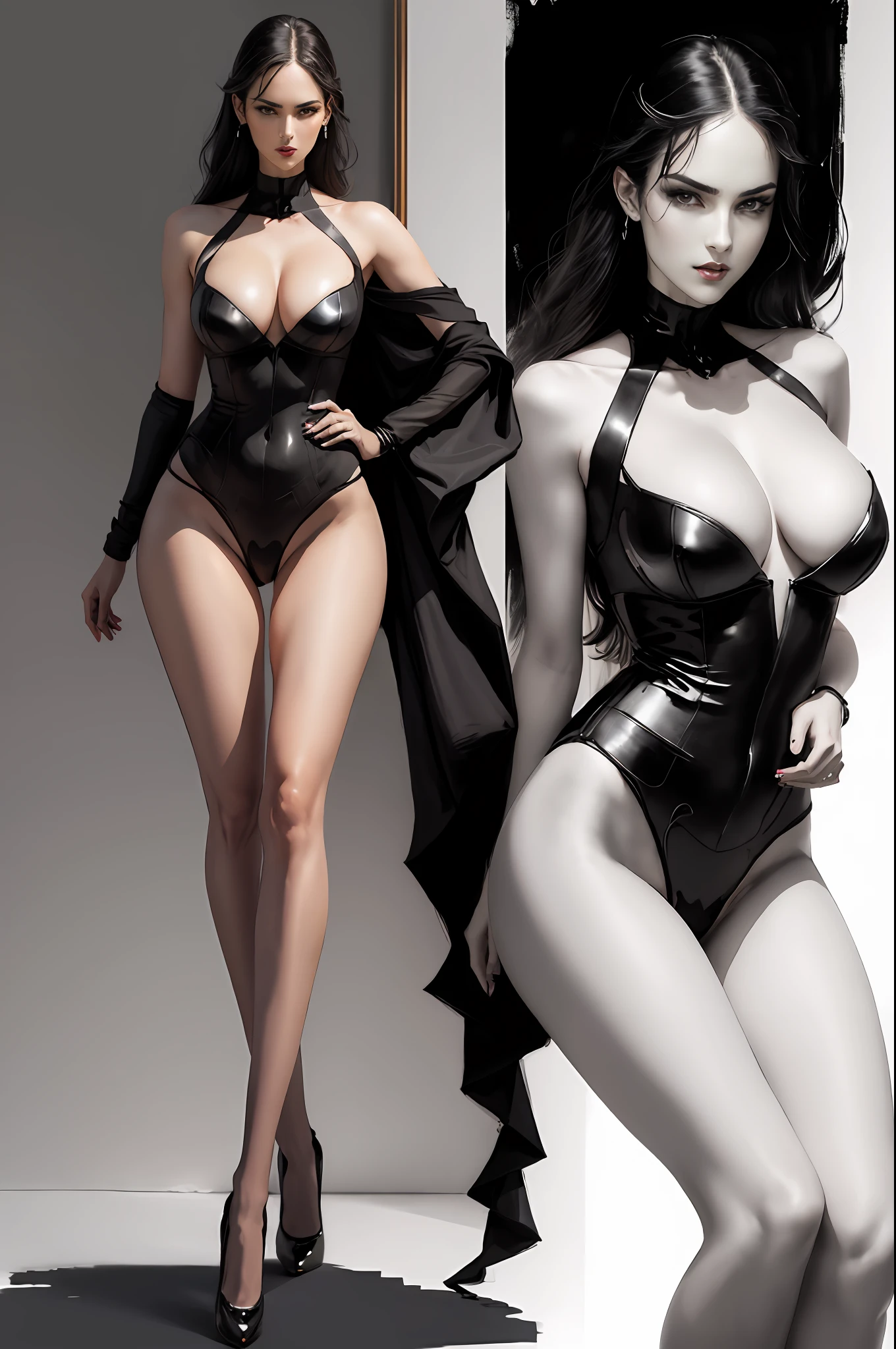 Illustration art，Whole body movement，Sexy woman in black，Soprano Woman，Very cool facial expression，Gorgeous background，Great erotic art，painting art，Sexy art，Detailed body part details，long leges，Inspired by J.c.Ryan Decker，Epic European and American illustrations，Tall，The whole body is evenly sexy