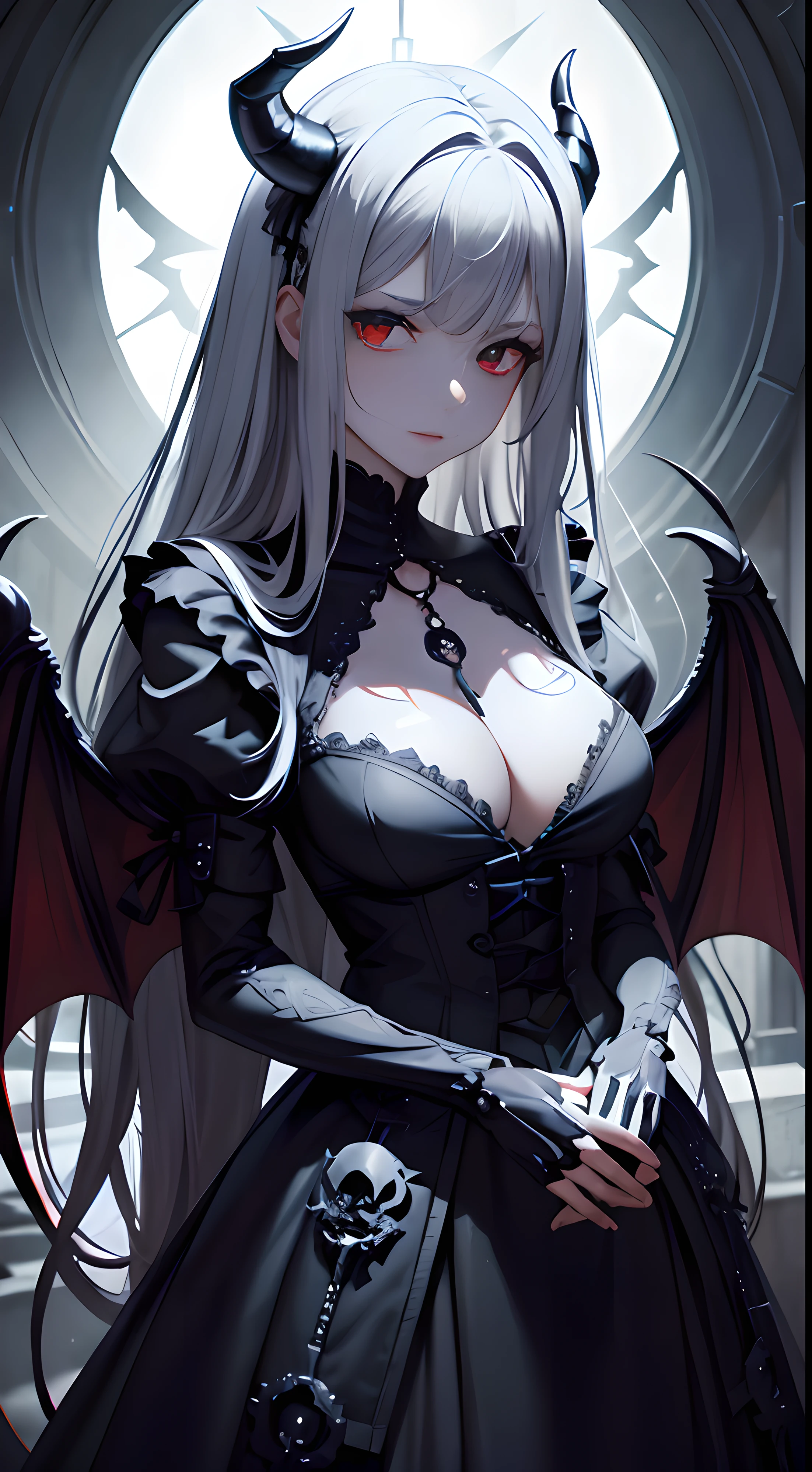 （（best qualtiy））， （（tmasterpiece））， （A detailed：1.4），Undead Maiden, exquisite face，((Gao cold eyes，Red eyes，with light glowing))，Wear yours with a delicate steampunk skull embellished maxi dress, A skeleton pendant hangs from his chest，There is a skeleton ring on the hand，Crimson skull belt，Smooth and slender legs，((Bare back))，((There is a pair of demon wings on the back))，(There are black spiral demon horns on the head)，Upturned breasts，Skulls are everywhere，Purgatory background，Background bokeh，hdr（HighDynamicRange），Ray traching，NVIDIA RTX，Hyper-Resolution，Unreal 5，sub surface scattering，PBR textures，Post-processing，Anisotropic filtering，depth of fields，Maximum clarity and sharpness，Many-Layer Textures，Albedo e mapas Speculares，Surface coloring，Accurate simulation of light-material interactions，perfectly proportions，rendering by octane，twotonelighting，Wide aperture，Low ISO，White balance，trichotomy，8K raw data，tmasterpiece，best qualtiy，（Very detailed 8KCG unit wallpaper）（best qualtiy），（Most Best Illustration），（Best shadow：1. 6），Contre-Jour