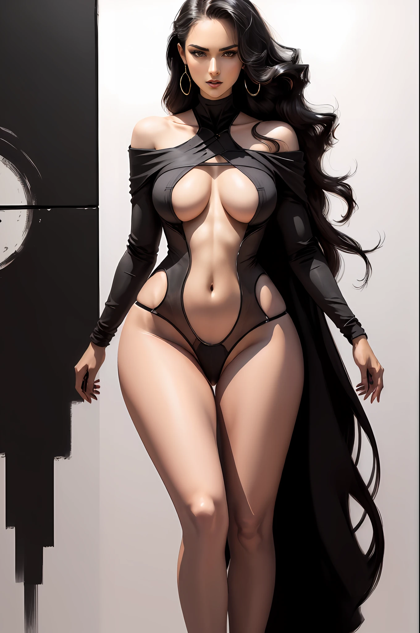 Illustration art，Whole body movement，Sexy woman in black，Soprano Woman，Very cool facial expression，Gorgeous background，Great erotic art，painting art，Sexy art，Detailed body part details，long leges，Inspired by J.c.Ryan Decker，Epic European and American illustrations，Tall，The whole body is evenly sexy