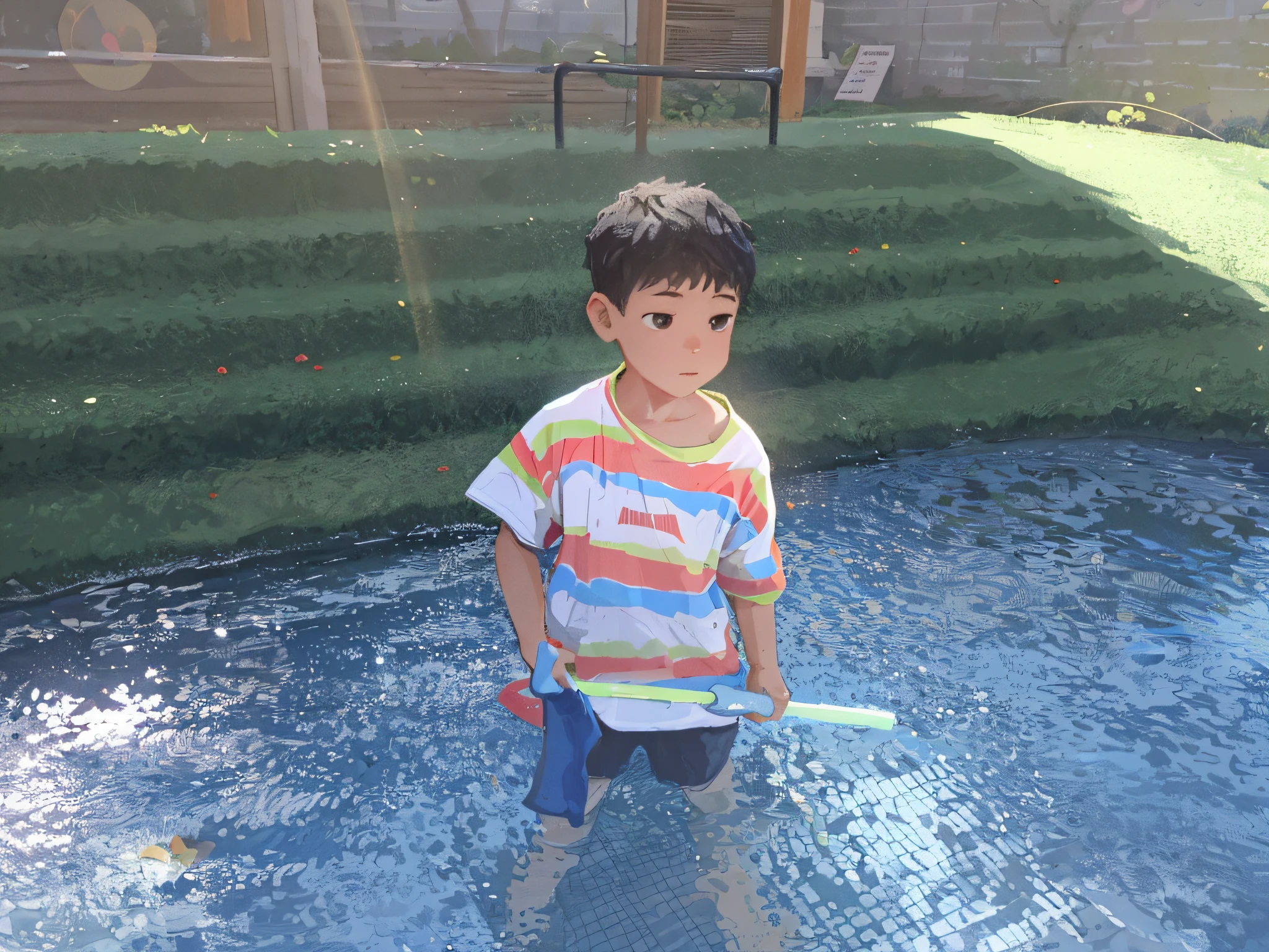 There was a standing in the pool holding a frisbee, playing at swiming pool, playing water, standing in a pond, in a pond, jinyiwei, On a sunny day, In water, In the water, kid, on a bright day, is playing happily, 2 years oly time, Sitting in the pool