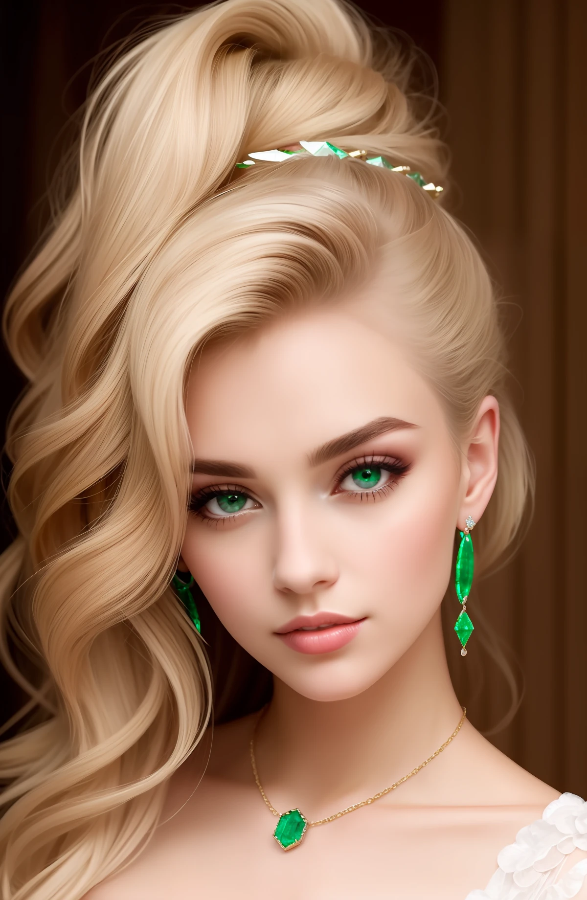 A woman with emerald wide and beautiful eyes. And blonde hair with jewellery. And emerald long court dress. And square face and blavk thick eyebrows.