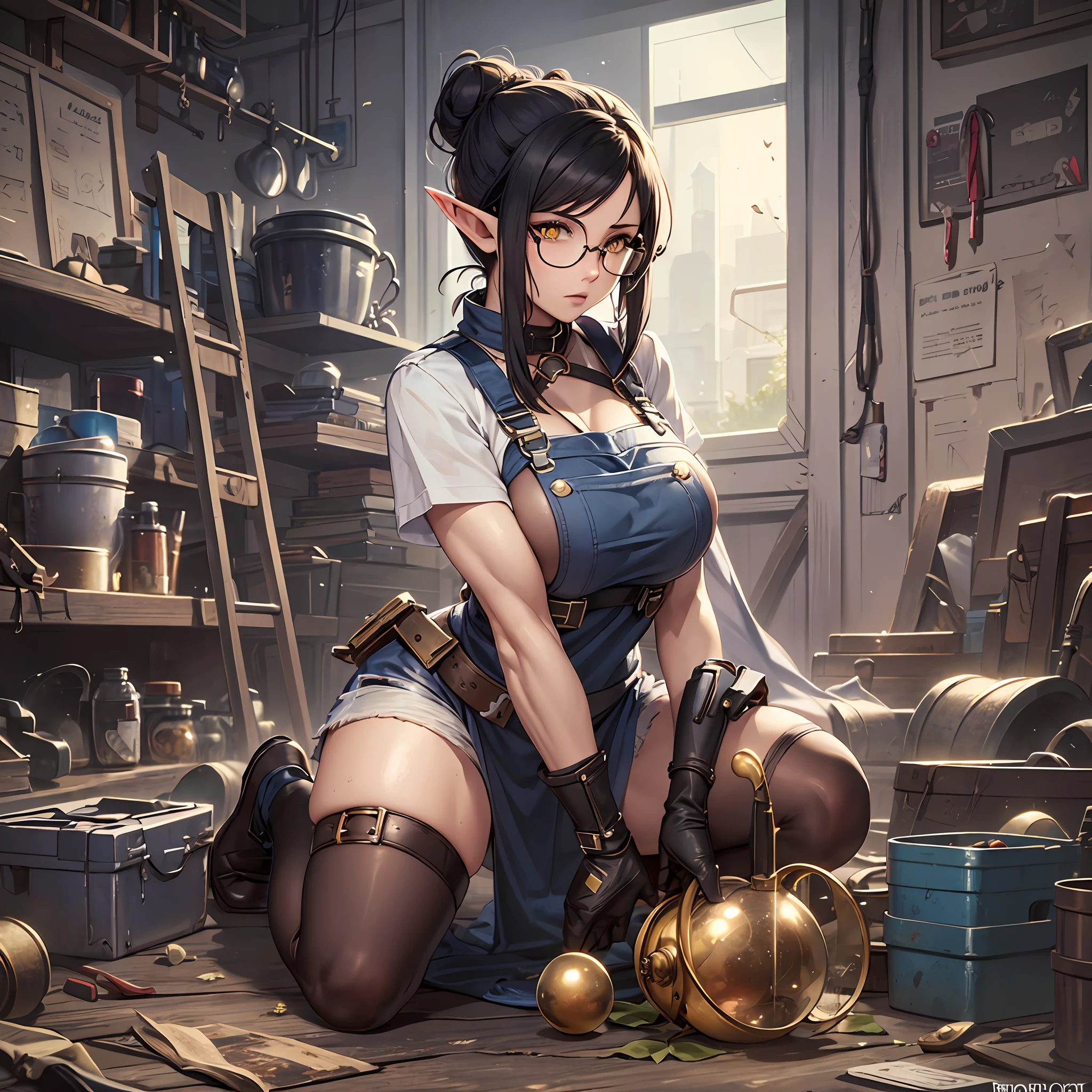 dirty female elf mechanic, 1girl, (solo:1.5), full body shot, busty boobs, wearing only an overall, black hair, yellow eyes , muscular arms, glasses, hair in a messy bun
