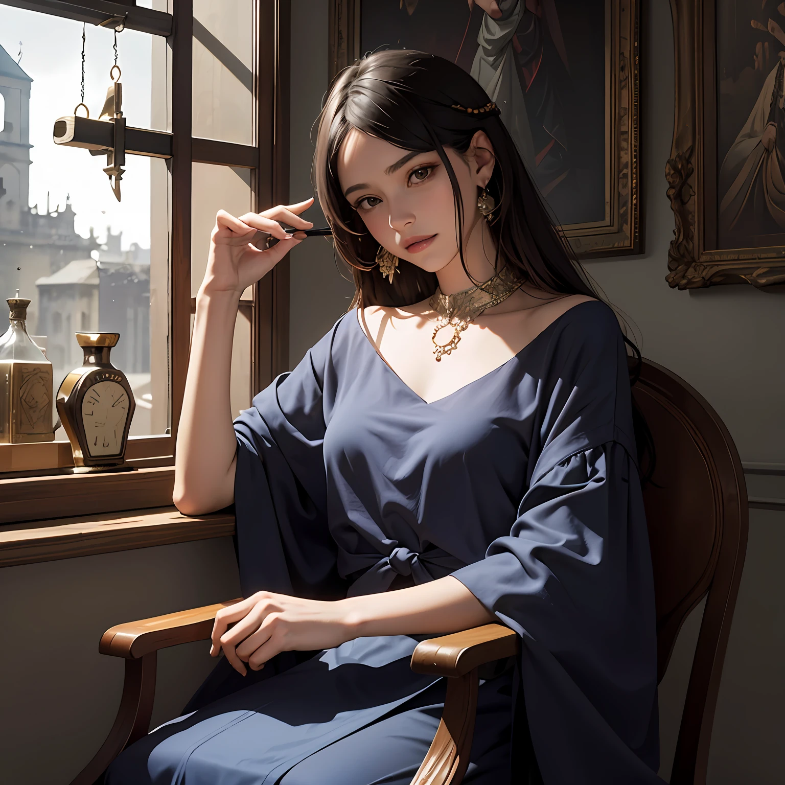 Arte oficial, Unity 8k papel de parede, super detalhado, melhor qualidade, escuro, 1menina, muito bonito, , sorrindo, olhar para o espectador, cabelo preto escuro, vestido, gotic, vitoriano, andando, corredor, old mansion, assombrado, segurando vela, assustador, atmospheric, mistic, romantico, assustador, literatura, arte, moda, vitoriano, decoration, complexidades, contemplation, profundidade emocional, sobrenatural, 1 menina, peito plano, cavaleiro,