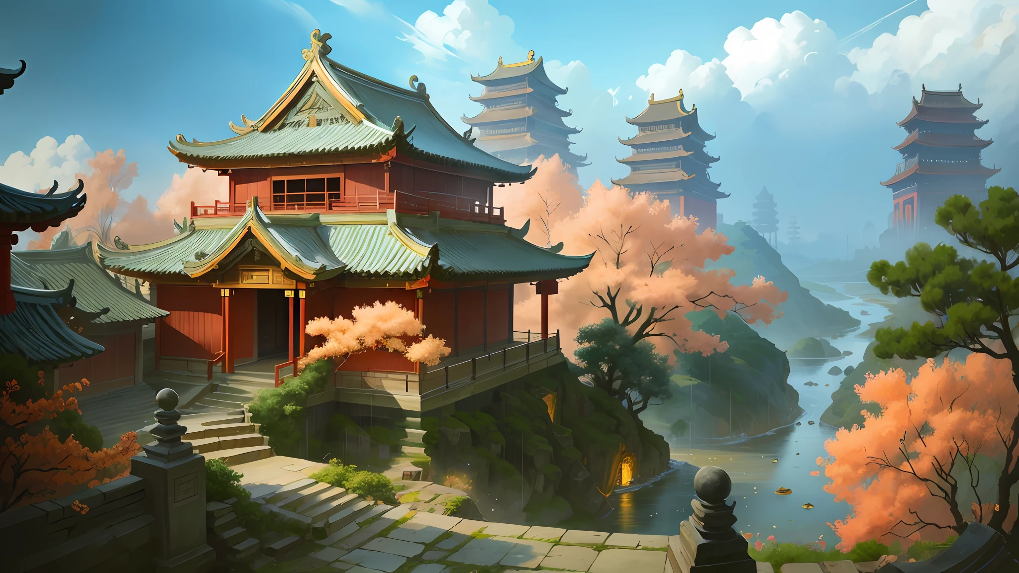 China-style,Ancient architecture,Ancient buildings,Ancient towers,Steps,little bit of raining