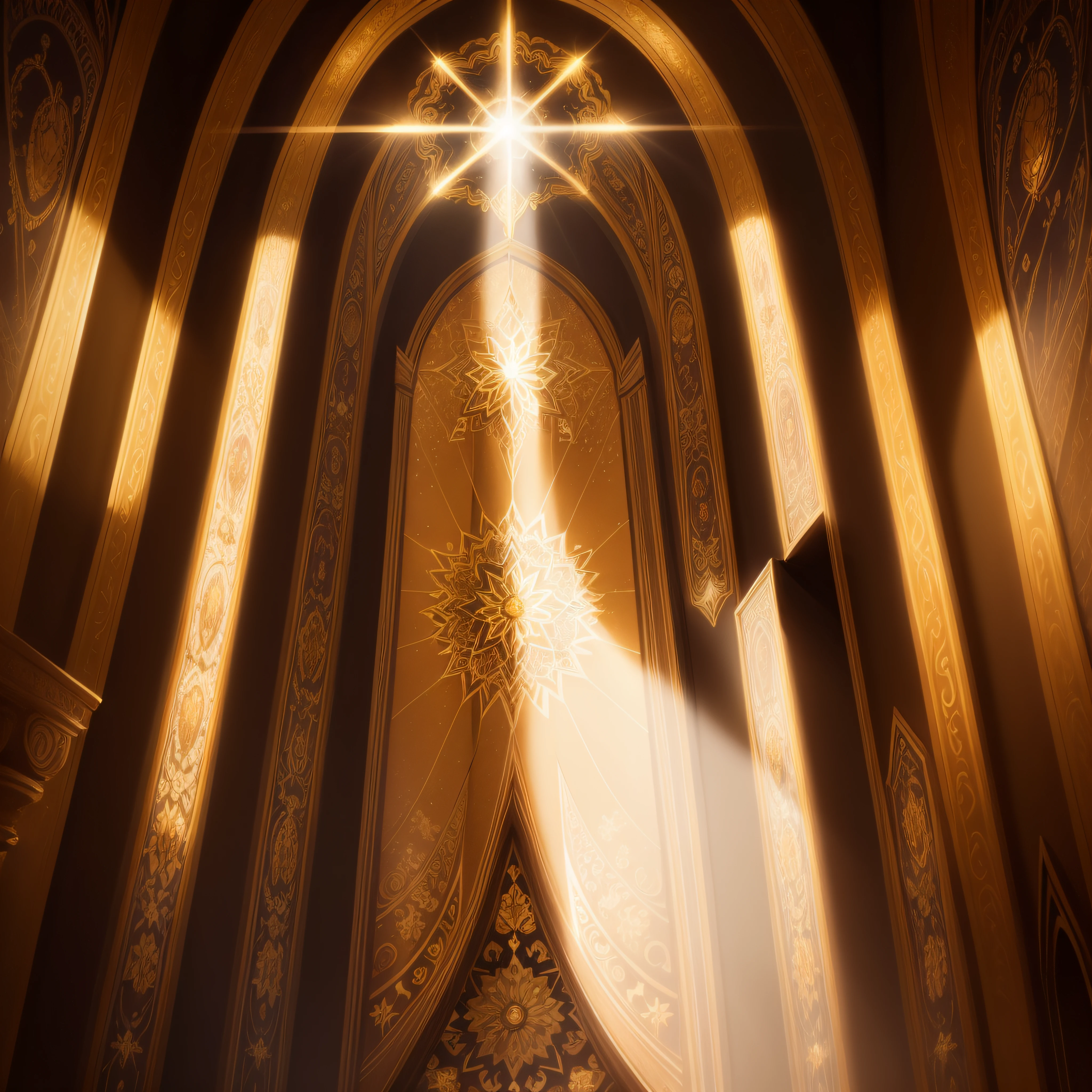 cinematic poster of Christian radiance with golden details, divine spotlights, front view, symmetrical, floral details, celestial background. in high definition, art created by artificial intelligence