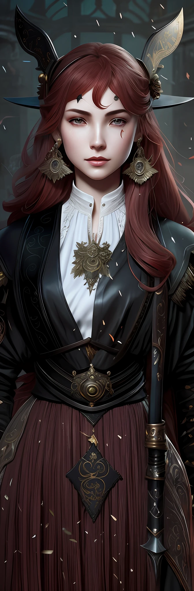There was a woman with a sword and a hat, Charlie Bowater style, immaculate detail, character art closeup, holding a sword on her shoulder, ornate korean polearm behind her, female redhead templar, highly detailed exquisite fanart, NeoArtcore和Charlie Bowater(charlie bowater), Incredibly clear details, very detailed and rich clothing, closeup detailed