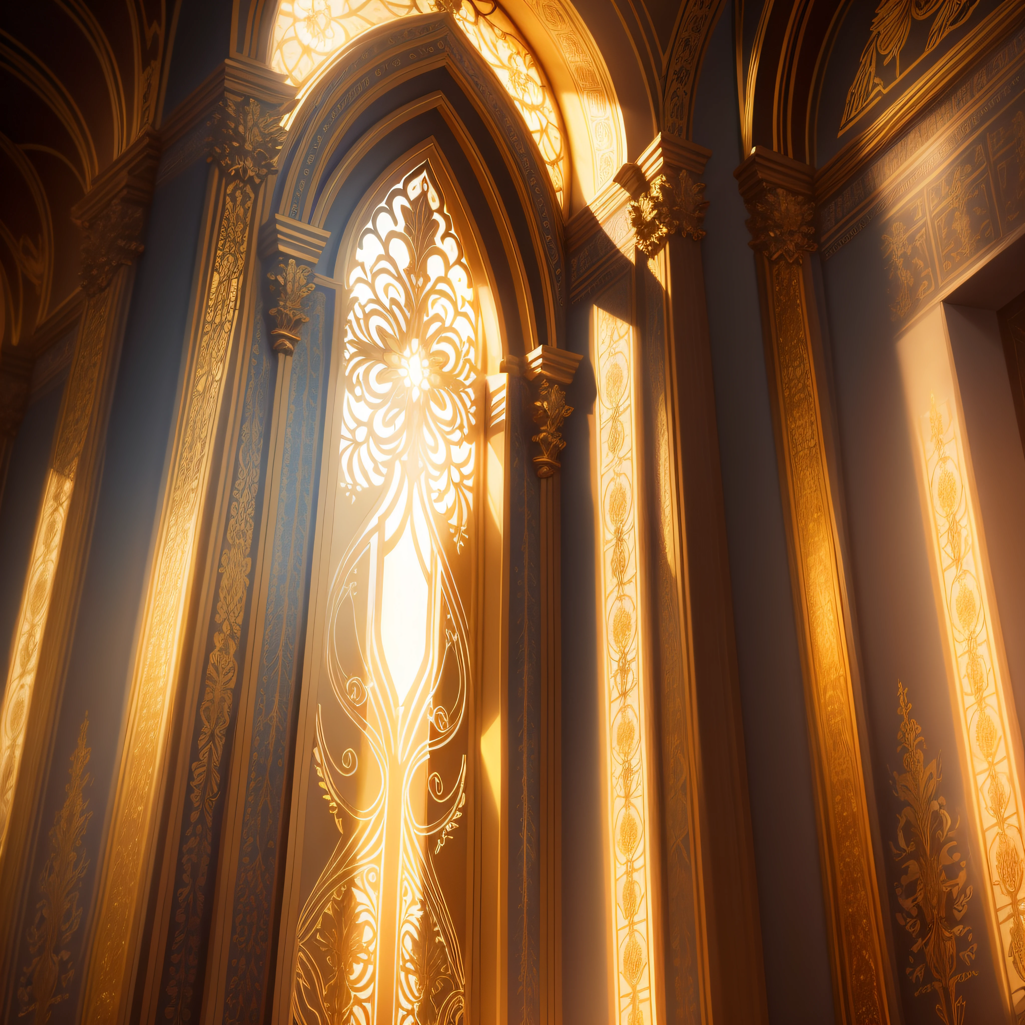 cinematic poster of Christian radiance with golden details, divine spotlights, front view, symmetrical, floral details, celestial background. in high definition, art created by artificial intelligence
