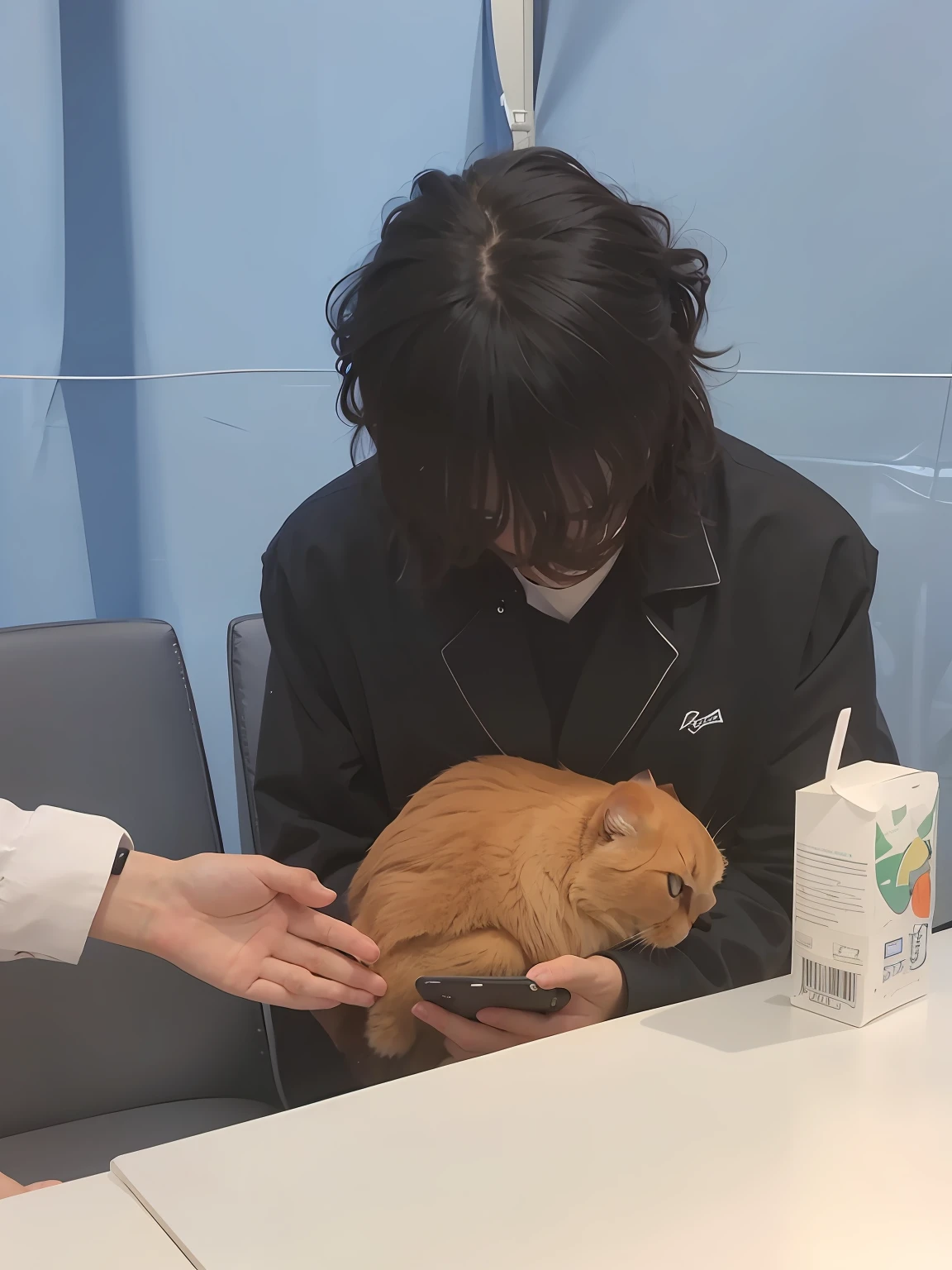 There was a man sitting at the table,There is a cat on his lap, petting a cat, with small cat on lap, Holding a cat, looking at his phone, there is a cat next to her, his hair is messy and unkempt, seeing a cat, with his long black hair, the cat is orange, A cat, author:Masao Maeda