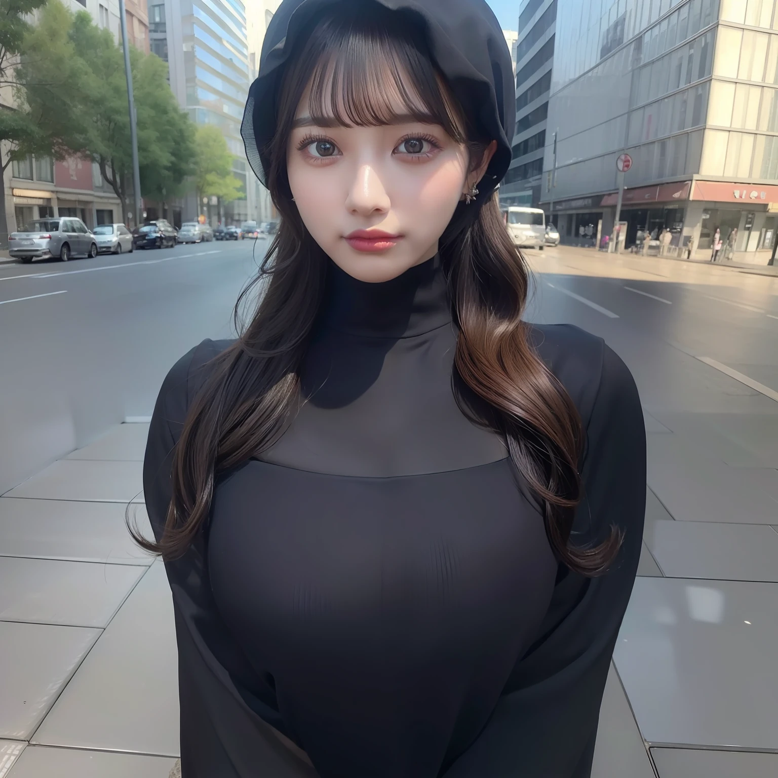 ((masterpiece)), top quality, realistic, photorealistic, highly detailed, highly detailed face, solo, 1 busty girl, black shirt, Levis pants, wearing hijab, using_makeup, long dress, short curly hair, bangs, traveling, city urban,