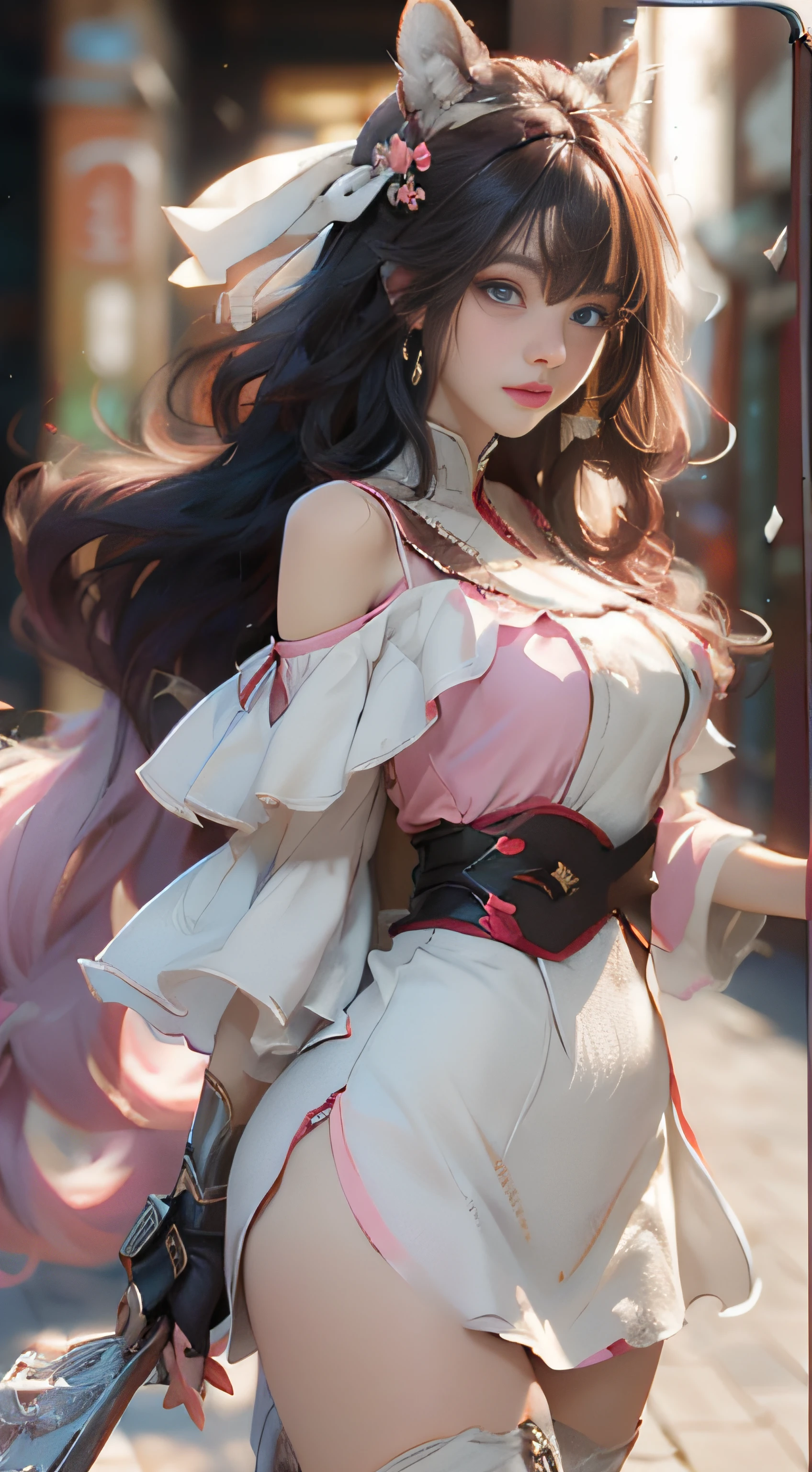 （（best qualtiy））， （（tmasterpiece））， （detail：1.4）， Beautiful cyberpunk female images，hdr（HighDynamicRange），Ray traching，NVIDIA RTX，Hyper-Resolution，illusory 5，sub surface scattering，PBR textures，post-proces，Anisotropy Filtering，depth of fields，maximum definition and sharpness，Many-Layer Textures，Albedo e mapas Speculares，Surface coloring，Mitsu-Accurate simulation of material interactions，perfectly proportioned，rendering by octane，Two-colored light，largeaperture，Low ISO，White balance，Rule three points、8K raw data、Beautiful bright blue pupils，off-the-shoulder clothes，Fine pupils，Delicate face and eyes，long eyelasher，Blushlush，Delicate and fluffy hair，pink lip，Pure，Cute face，Sweet girl，Artistic sense，Casual wear，Advancedsense，butterflys，Cherry blossom petal，Beautiful hair accessories，Long hair and waist，Hair fluttering in the wind，Snow-white fox ears，curlies，Snow-white fluffy tail，Positive light，The light from the back window is backlighted