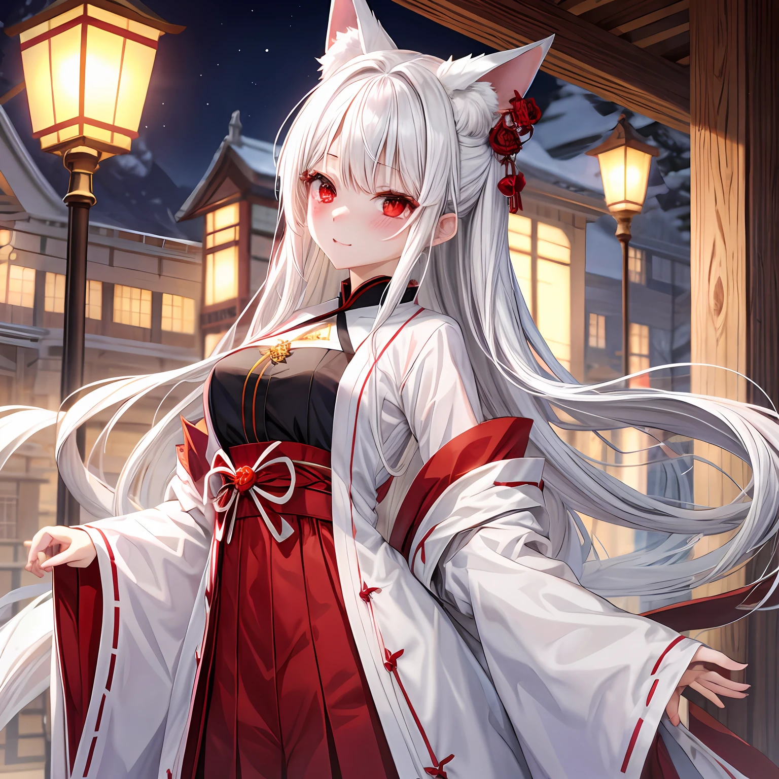 white hair、red eyes、One pretty girl、独奏、animesque、robe blanche、red blush、Fox