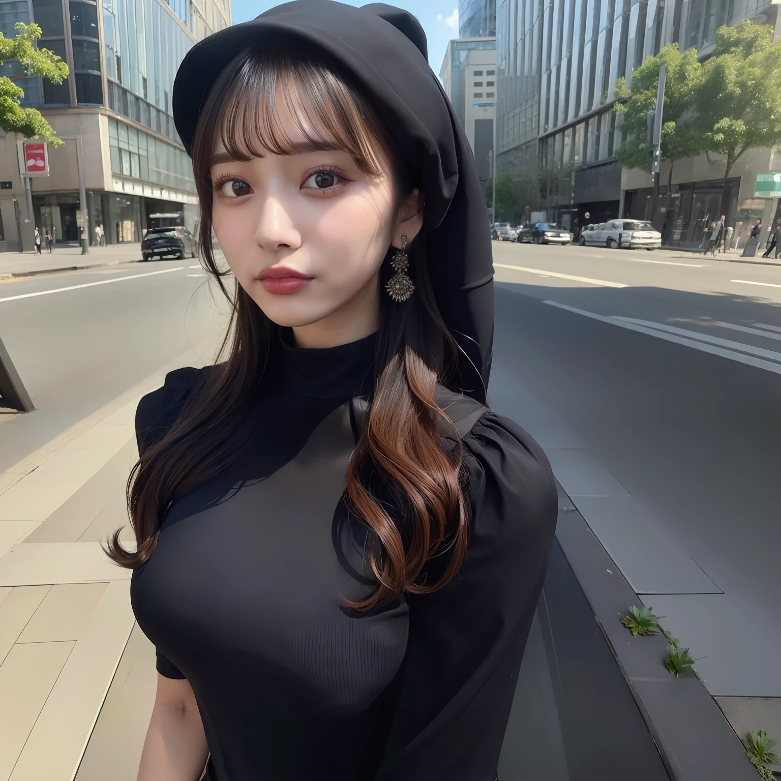 ((masterpiece)), top quality, realistic, photorealistic, highly detailed, highly detailed face, solo, 1 busty girl, black shirt, Levis pants, wearing hijab, using_makeup, long dress, short curly hair, bangs, traveling, city urban,