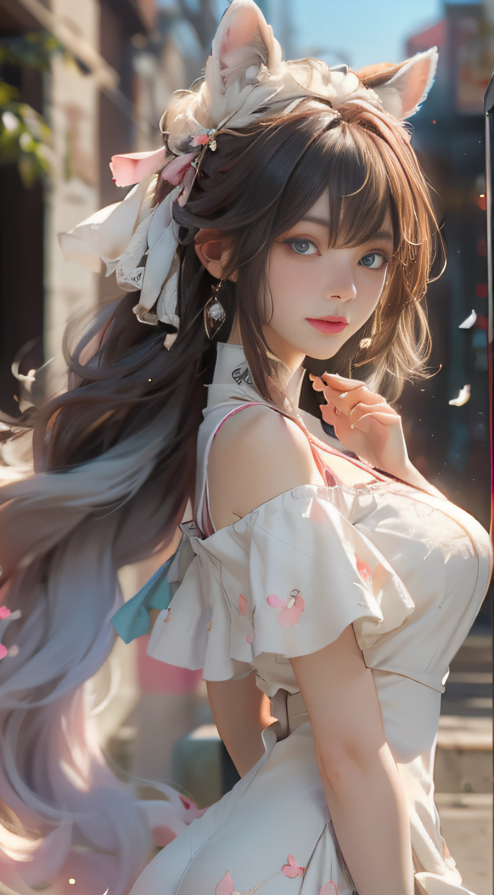 ((best qualtiy)), ((tmasterpiece)), (detail:1.4), Beautiful cyberpunk female images,hdr(HighDynamicRange),Ray traching,NVIDIA RTX,Hyper-Resolution,illusory 5,sub surface scattering,PBR textures,post-proces,Anisotropy Filtering,depth of fields,maximum definition and sharpness,Many-Layer Textures,Albedo e mapas Speculares,Surface coloring,Mitsu-Accurate simulation of material interactions,perfectly proportioned,rendering by octane,Two-colored light,largeaperture,Low ISO,White balance,Rule three points、8K raw data、Beautiful bright blue pupils,off-the-shoulder clothes,Fine pupils,Delicate face and eyes,long eyelasher,Blushlush,Delicate and fluffy hair,pink lip,Pure,Cute face,Sweet girl,Artistic sense,Casual wear,Advancedsense,butterflys,Cherry blossom petal,Beautiful hair accessories,Long hair and waist,Hair fluttering in the wind,Snow-white fox ears,curlies,Snow-white fluffy tail,Positive light,The light from the back window is backlighted
