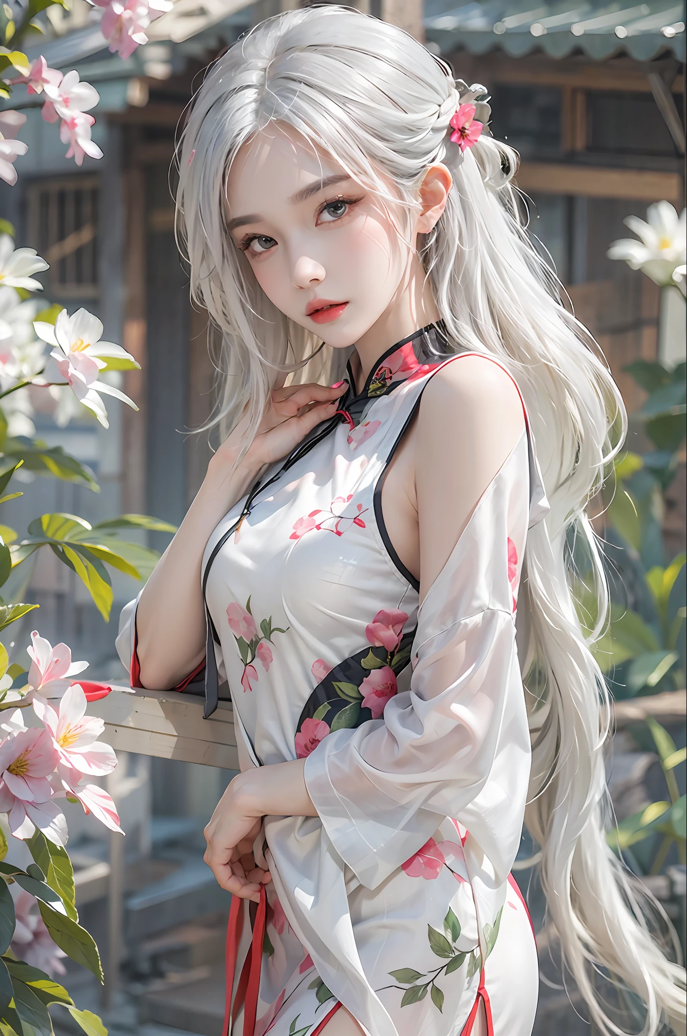 photorealistic, high resolution, 1 women, solo, hips up, look at viewer, (detailed face), white hair, long hair, medium breasts, cheongsam