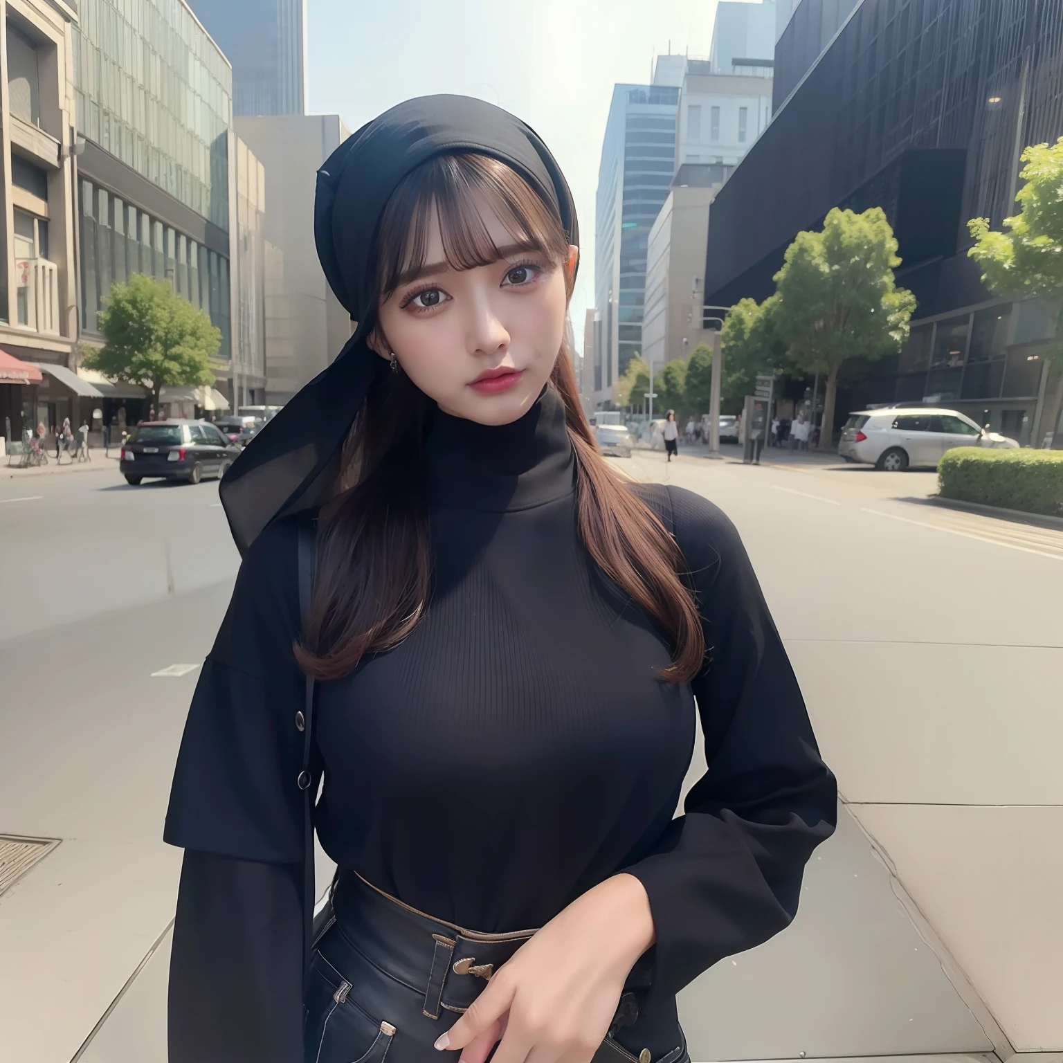 ((masterpiece)), top quality, realistic, photorealistic, highly detailed, highly detailed face, solo, 1 busty girl, black shirt, Levis pants, wearing hijab, using_makeup, long dress, short curly hair, bangs, traveling, city urban,