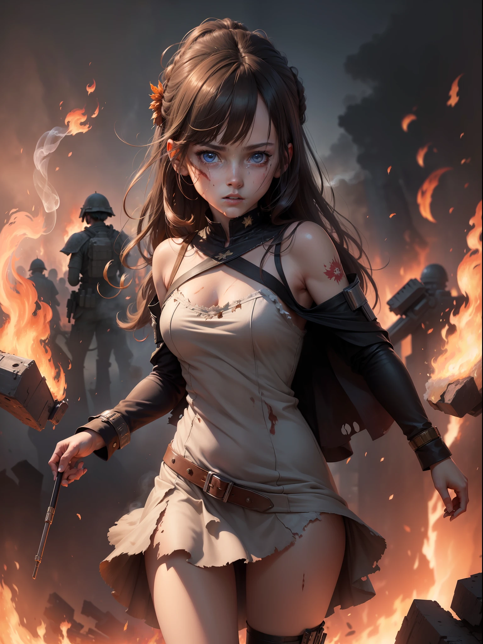 ((masterpiece)),((best quality)), 8k, high detailed, ultra-detailed, A girl on a blazing battlefield, girl,((innocent eyes),wounded,(torn dress),((fallen soldier in the background),smoke,fire.
