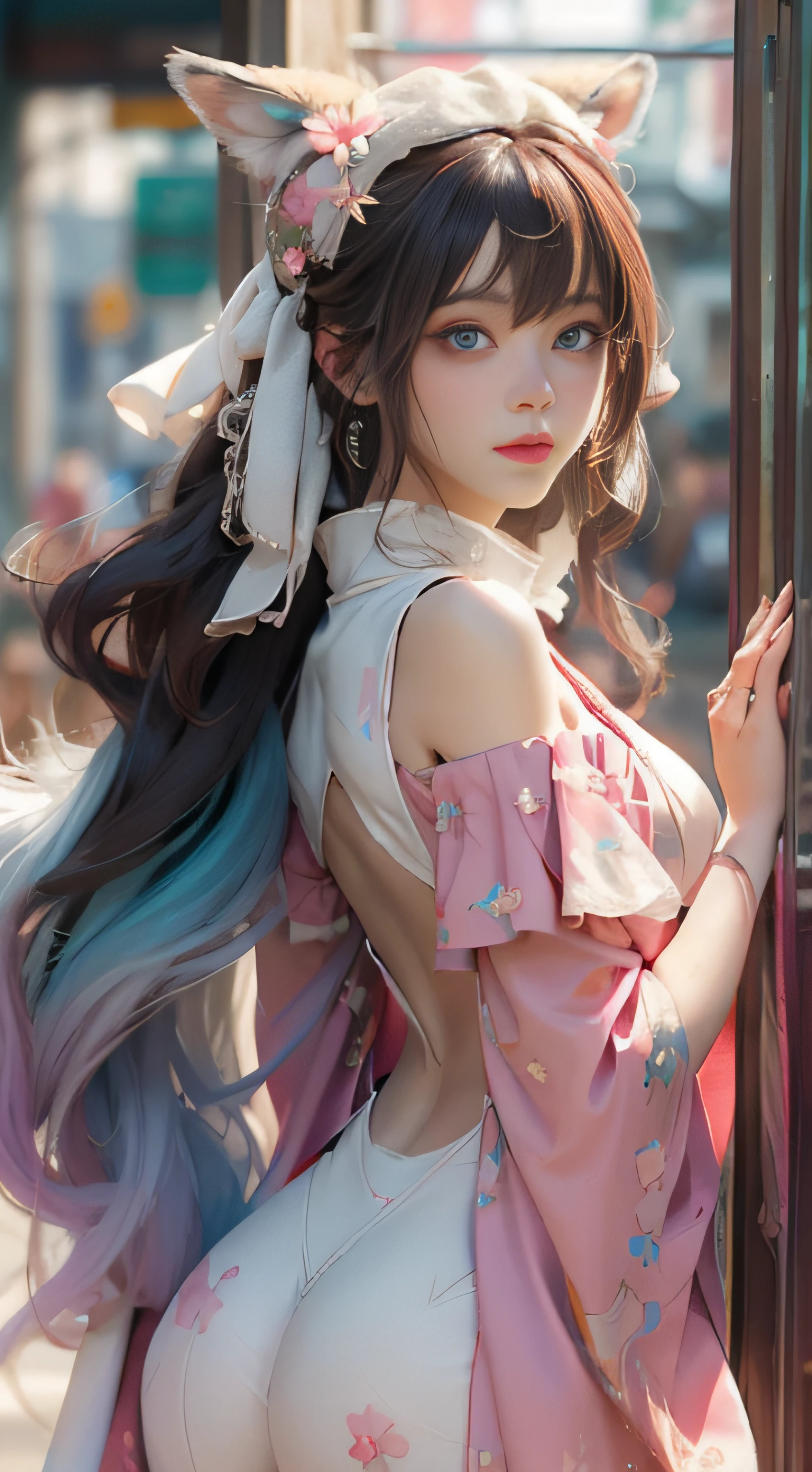 ((best qualtiy)), ((tmasterpiece)), (detail:1.4), Beautiful cyberpunk female images,hdr(HighDynamicRange),Ray traching,NVIDIA RTX,Hyper-Resolution,illusory 5,sub surface scattering,PBR textures,post-proces,Anisotropy Filtering,depth of fields,maximum definition and sharpness,Many-Layer Textures,Albedo e mapas Speculares,Surface coloring,Mitsu-Accurate simulation of material interactions,perfectly proportioned,rendering by octane,Two-colored light,largeaperture,Low ISO,White balance,Rule three points、8K raw data、Beautiful bright blue pupils,off-the-shoulder clothes,Fine pupils,Delicate face and eyes,long eyelasher,Blushlush,Delicate and fluffy hair,pink lip,Pure,Cute face,Sweet girl,Artistic sense,Casual wear,Advancedsense,butterflys,Cherry blossom petal,Beautiful hair accessories,Long hair and waist,Hair fluttering in the wind,Snow-white fox ears,curlies,Snow-white fluffy tail,Positive light,The light from the back window is backlighted