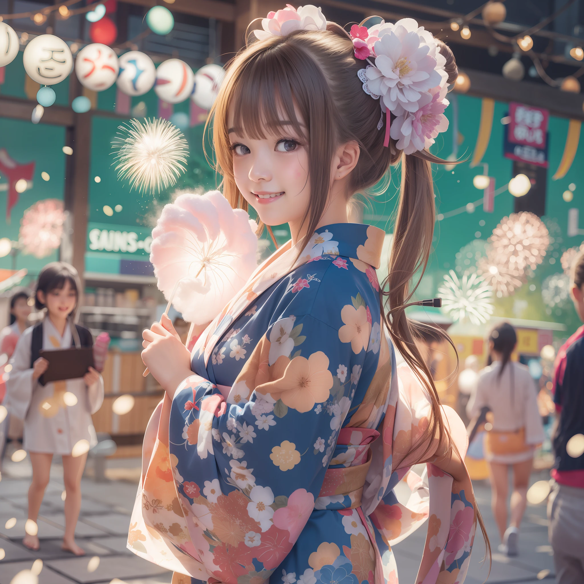 bath robe,Girl in Yukata,Outstanding smile,Summer Festivals,natta,Store,Cotton candy,Big  Fireworks,poneyTail,