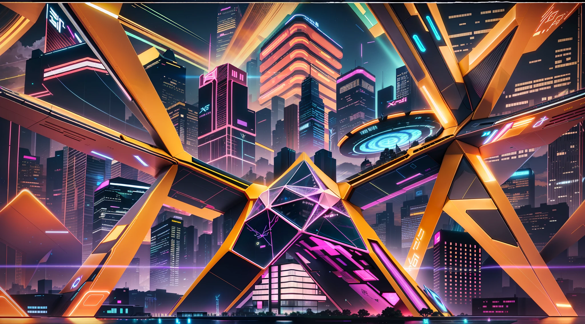 X shape wrist hologram + anime tech  

Angular X architecture + futuristic city 

Circular logo projected from aircraft + sci fi

environment uses X as motif + neon lights