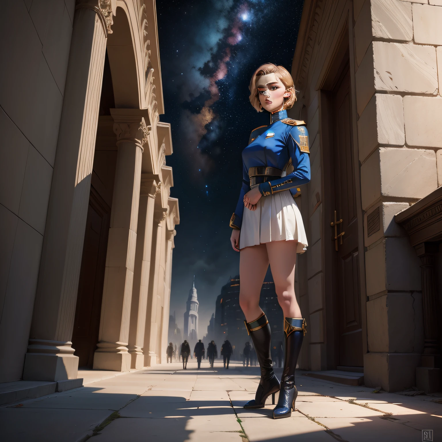 A high-Resolution Hyper detailed Full body drawing of an attractive young woman resembling Sophia Lillis, with short hair, dressed in a hyper-detailed Blue Star Fleet Uniform from Star Trek blended with Ancient Greek (ultra short length) tunic, Full body portrait in the style of Frank Frazetta, Bruce Pennington, aND DOUGLAS BECKMAN on the street a futuristic Sci-Fi city with a mix of modern and ancient buildings