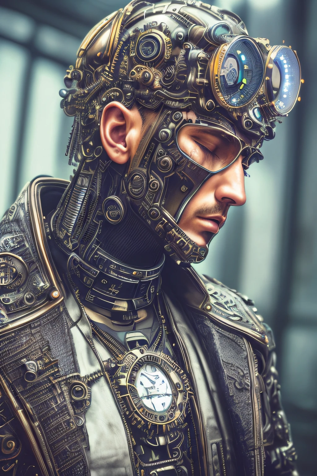 depressed attractive cybernetic man looking down, (steampunk cyborg:1.2), (intricate details), hdr, (intricate details, hyperdetailed:1.2), stark lighting, facing away from camera, hyperrealism, side shot, portrait, torso, hyperdetailed real human hair, (closed eyes), worn leather jacket, skin pores, hyperdetailed perfect real human skin, hyperdetailed face, tensorfunk