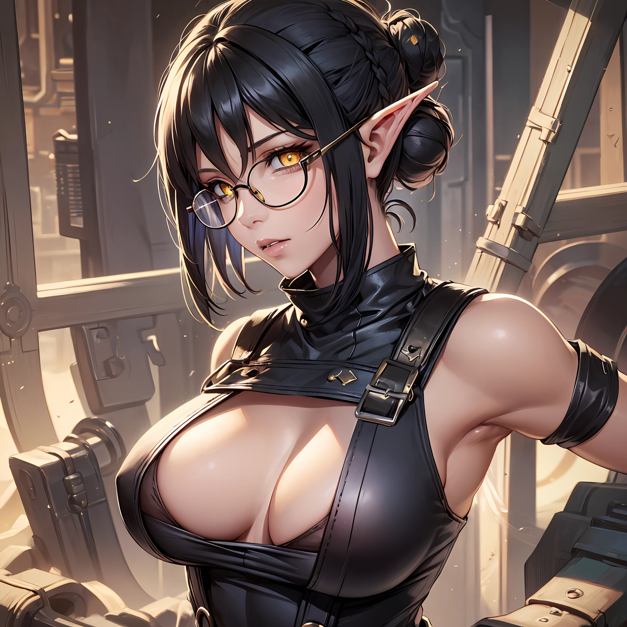dirty female elf mechanic, 1girl, (solo:1.5), full body shot, busty boobs, wearing only an overall, black hair, yellow eyes , muscular arms, glasses, hair in a messy bun