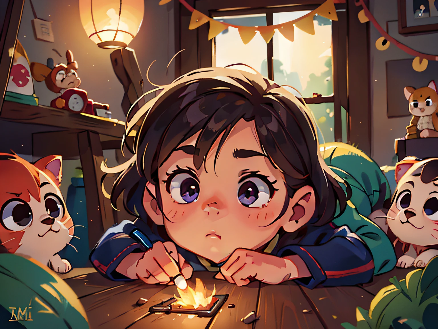 The little girl lights a match，The warm flames reflected on her tired face，Perfect quality， （tmasterpiece：1.2） （realisticlying：1.2） （Bokeh） （best qualtiy） （detailedskin：1.3） （complexdetails） （8K） （detailedeyes） ,Disney  style，by Pixar，