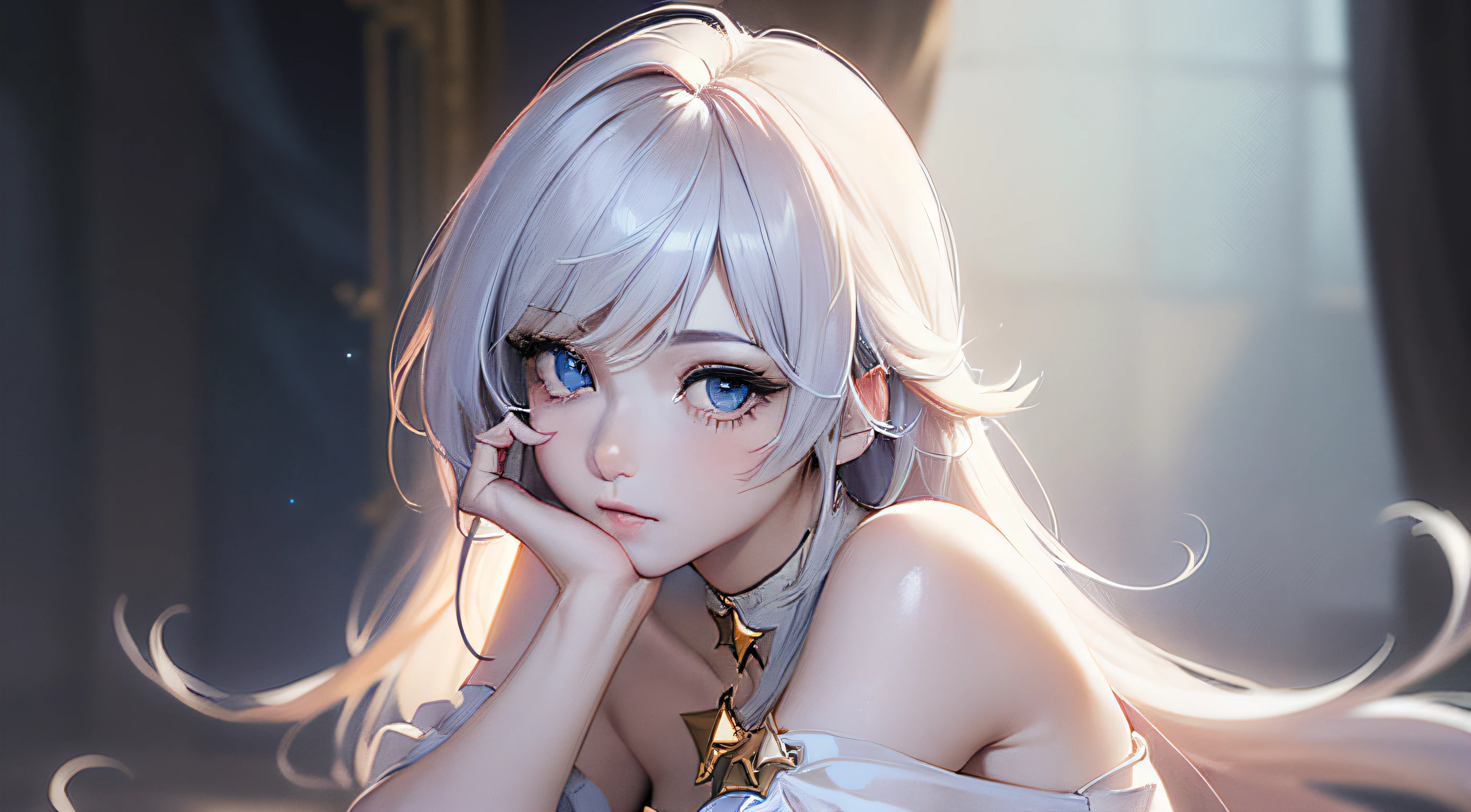 (photorealistic:1.4), (masterpiece, side dim light, finely detailed beautiful eyes: 1.2), masterpiece*portrait, realistic, 3d face, Stelle \(honkai star rail\), 1girl, white oversize T-shirt, bare shoulder, universe, rail, bangs, blush, shy, lustful eyes, medium long hair, looking at viewer, gasp, medium breasts
