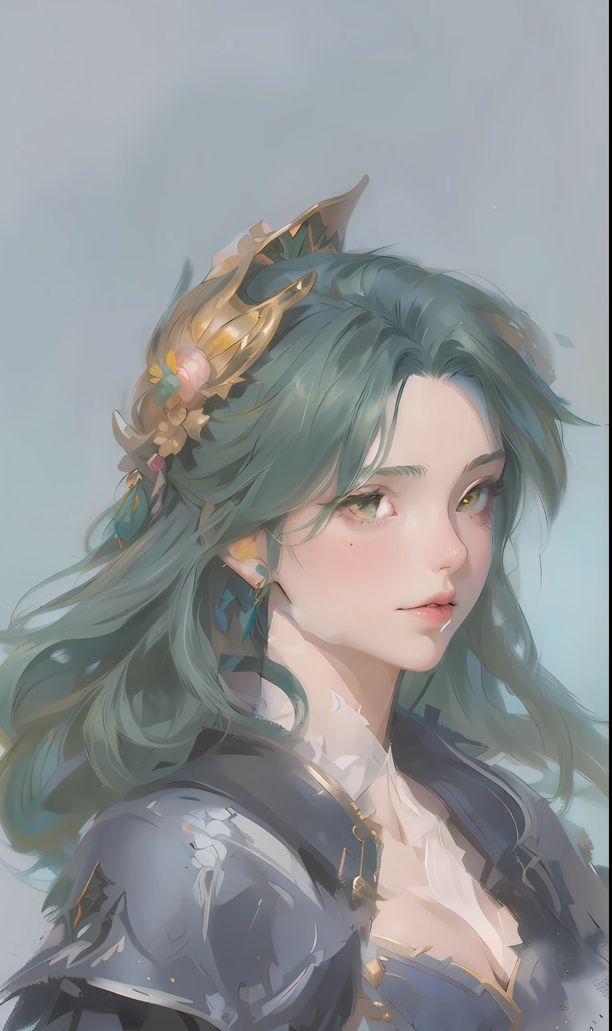 Close up of a woman with green hair and a golden crown, drawn in anime painter studio, artgerm portrait, made with anime painter studio, DND portrait, portrait dnd, the dragon girl portrait, Portrait Chevaliers du Zodiaque Fille, detailed portrait of an anime girl, painted character portrait, closeup character portrait, anime portrait, Art germ. High detail