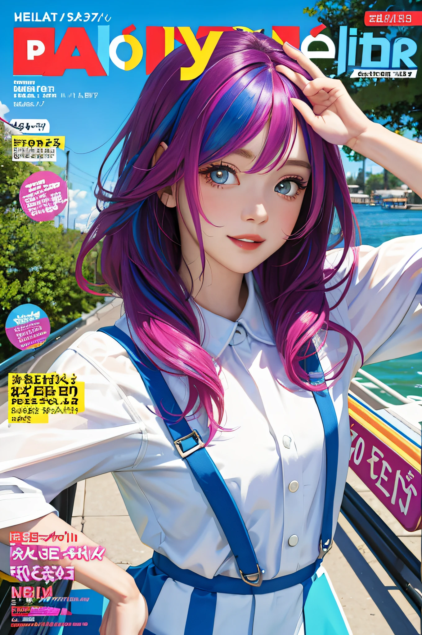 masterpiece, best quality, spring outfit, colorful hair, outdoor, magazine cover ,upper body,