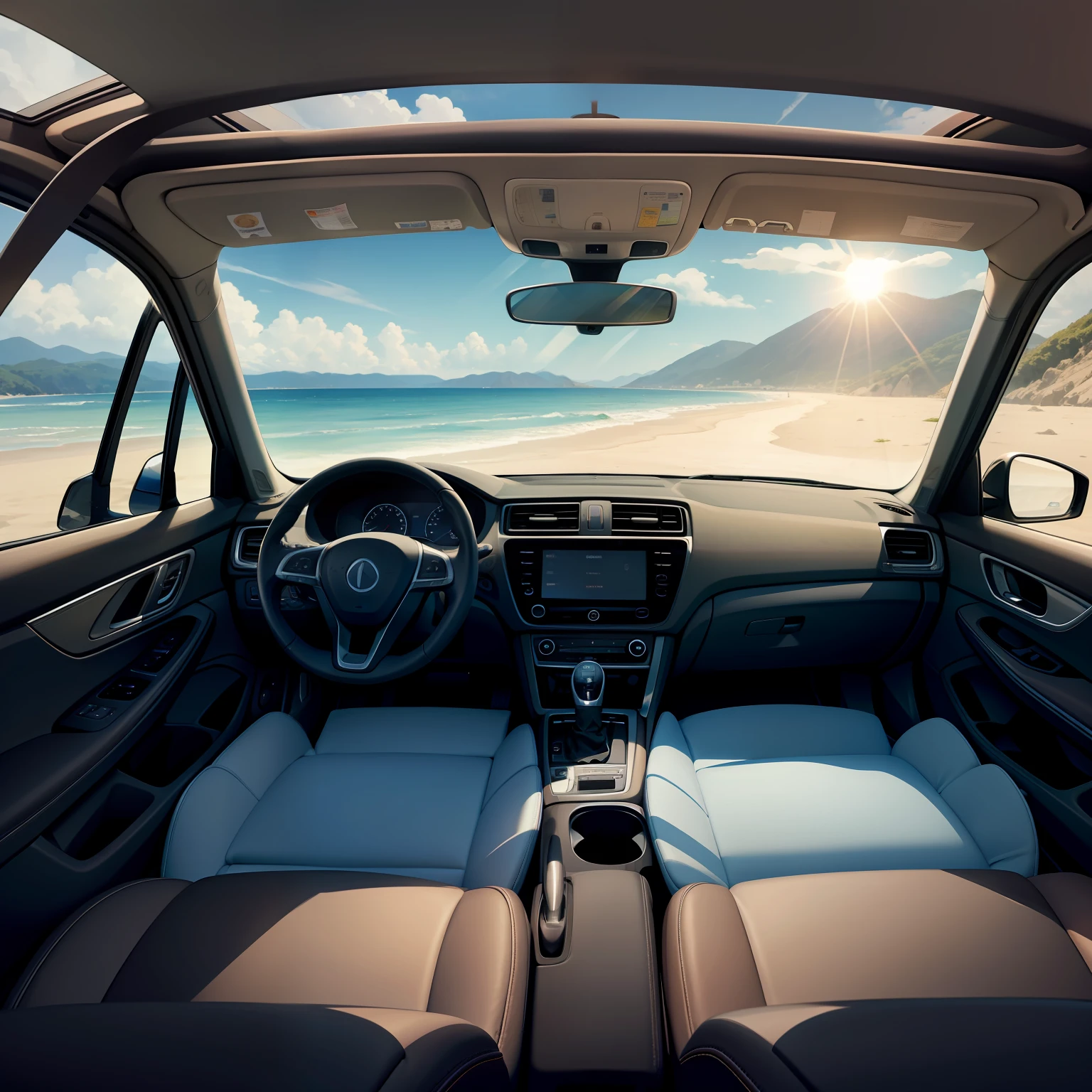 Inside the car，Placed in the front of the car，From the car, You can see the beautiful waves outside，and the sun was shining brightly，The windshield is huge