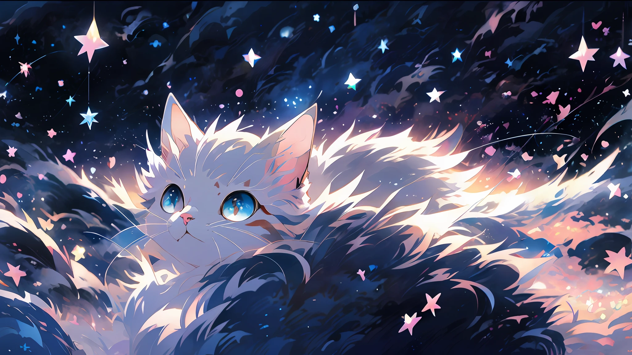 Anime cat with blue eyes and stars in background, anime cat, Anime art wallpaper 4 K, Anime art wallpaper 4k, realistic anime cat, Anime art wallpaper 8 K, anime visual of a cute cat, very very beautiful furry art, beautiful anime catgirl, Very beautiful anime cat girl, Cute detailed digital art, Anime wallpaper 4K, Anime wallpaper 4 k