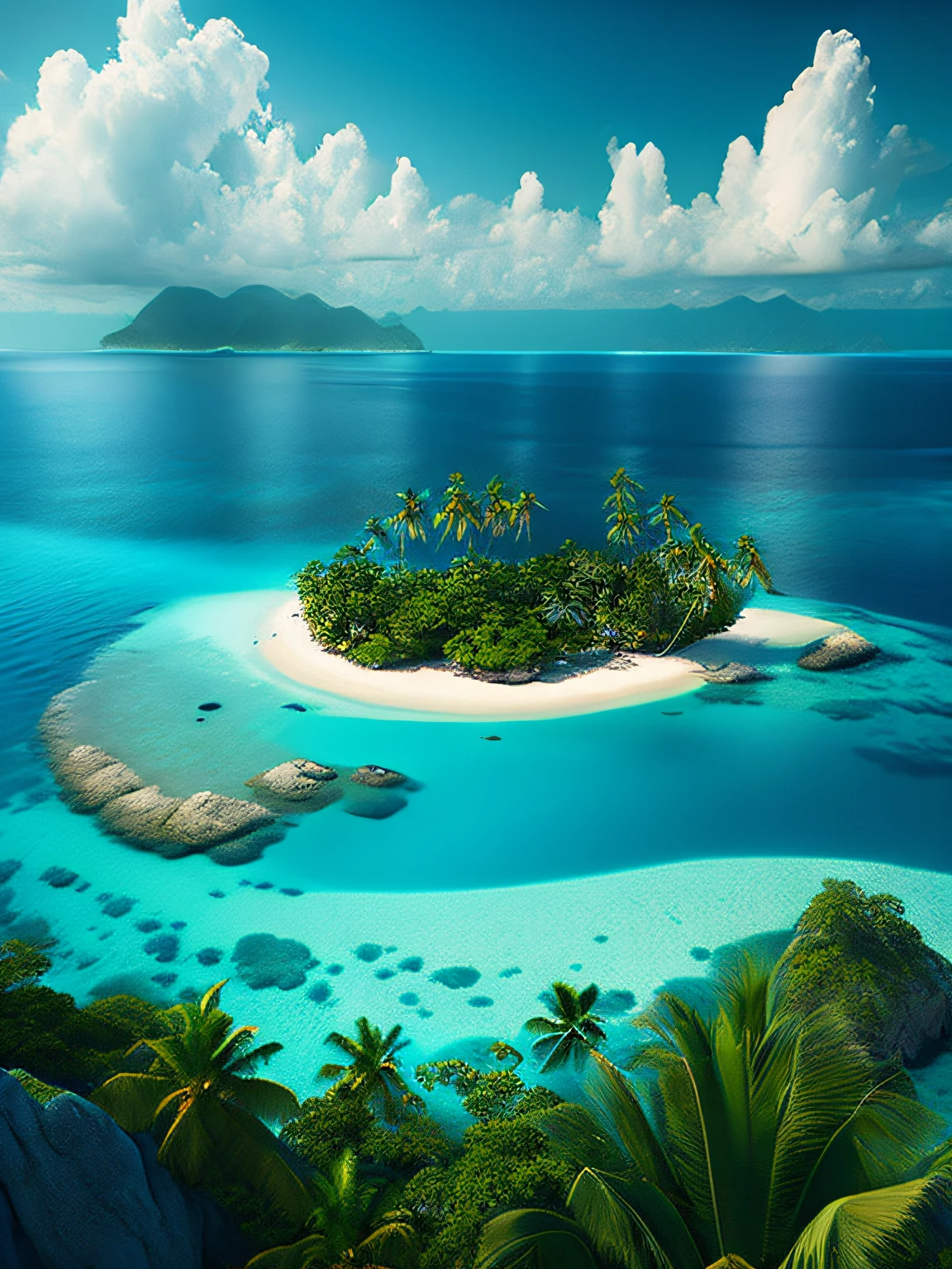 arafed island with palm trees and a sandy beach, tropical island, epic matte painting of an island, island in a blue sea, an island floating in the air, an island, island landscape, island floating in the sky, island background, monsoon on tropical island, island in the background, floating island, tropical location, island, island with cave, many islands, no humans, tree, cloud, sky, outdoors, scenery, day, palm tree, ocean, water, beach, blue sky, horizon, cloudy sky, nature, sand