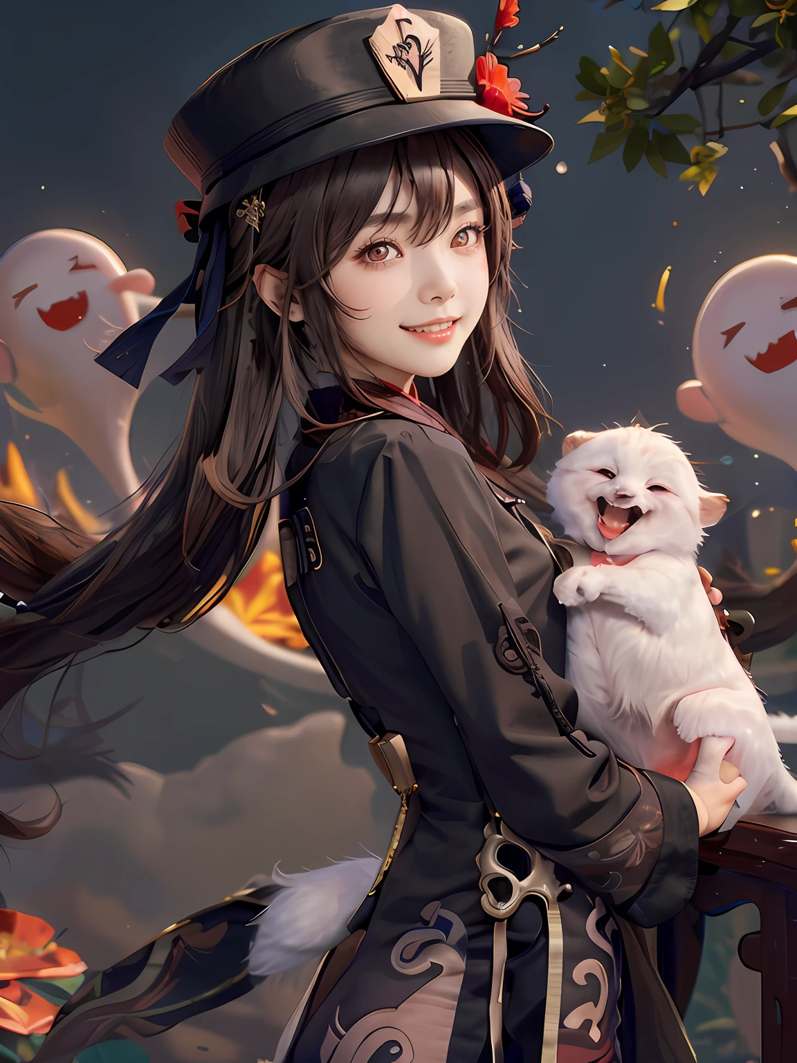 masterpiece, best quality, hu tao, genshin impact, 1girl, bangs, black headwear, blush, brown hair, chinese clothes, flower, grin, hair between eyes, hat, hat flower, heart, long hair, long sleeves, looking at viewer, red flower, smile, solo, star-shaped pupils, teeth, upper body