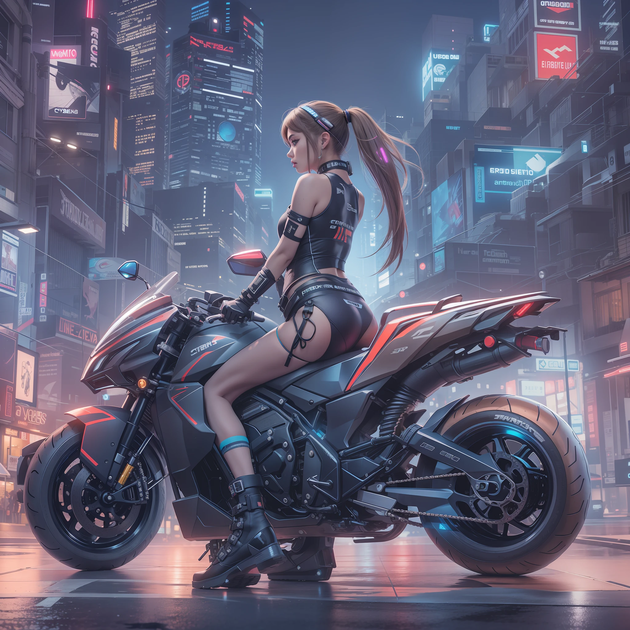 cyberpunked,Cyber City,Hi-Tech,High-tech townscape,Bikes of the near future,Girl on a motorcycle,poneyTail