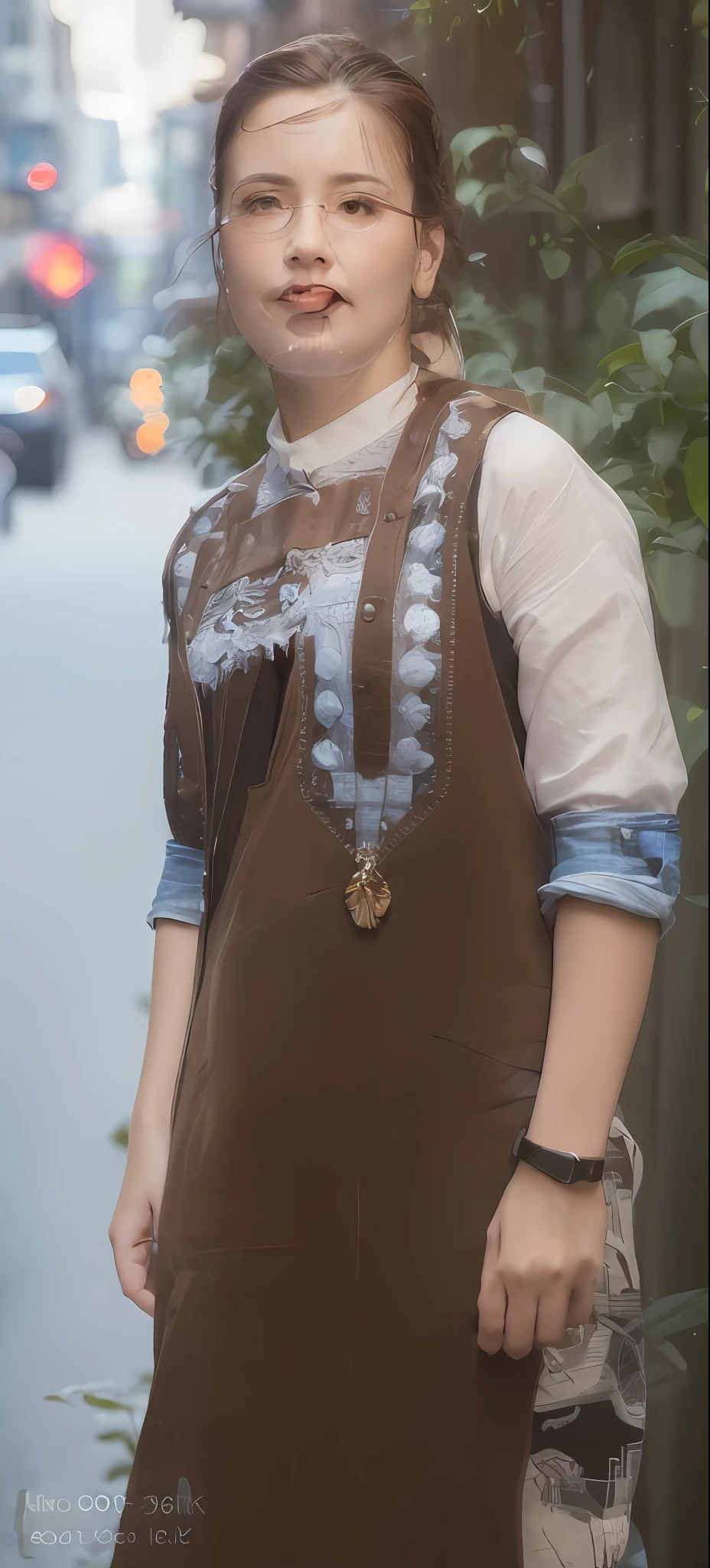 ((Best quality, 8k, Masterpiece :1.3)), Sharp focus :1.2, A pretty woman with perfect figure :1.4, Slender abs :1.2, ((Dark brown hair, gigantic breasts :1.4)), (wearing white button up shirt, Jean :1.1), City street:1.2, Highly detailed face and skin texture, Detailed eyes, Double eyelid