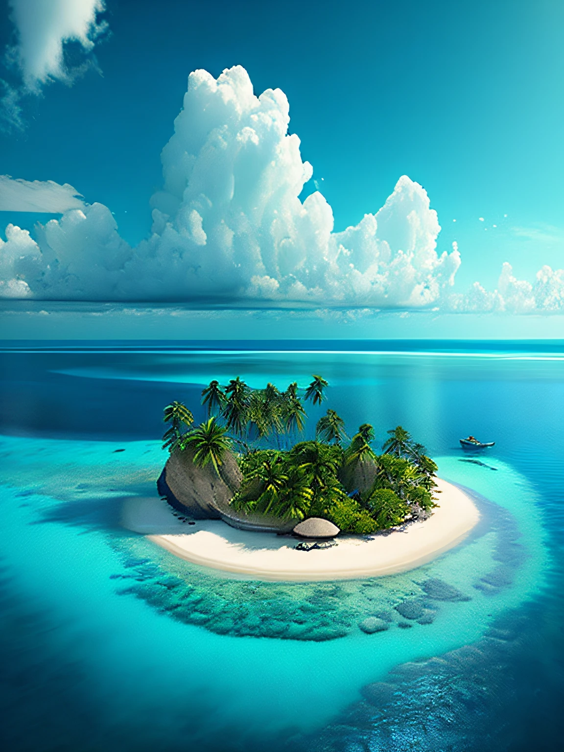 arafed island with palm trees and a sandy beach, tropical island, epic matte painting of an island, island in a blue sea, an island floating in the air, an island, island landscape, island floating in the sky, island background, monsoon on tropical island, island in the background, floating island, tropical location, island, island with cave, many islands, no humans, tree, cloud, sky, outdoors, scenery, day, palm tree, ocean, water, beach, blue sky, horizon, cloudy sky, nature, sand