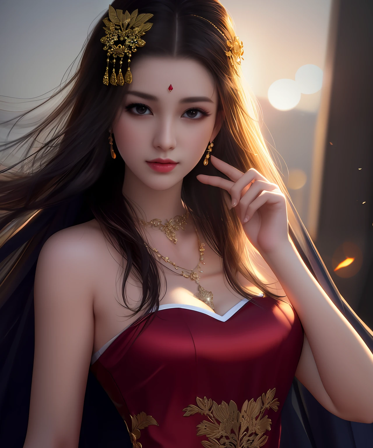 best quality, masterpiece, highres, 1girl,china dress,hair ornament,necklace, jewelry,Beautiful face,upon_body, tyndall effect,photorealistic, dark studio, rim lighting, two tone lighting,(high detailed skin:1.2), 8k uhd, dslr, soft lighting, high quality, volumetric lighting, candid, Photograph, high resolution, 4k, 8k, Bokeh,