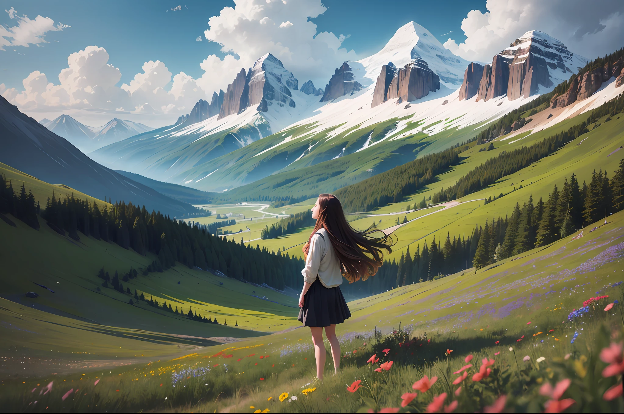 Mountains full of wildflowers,The wind ruffled the long hair