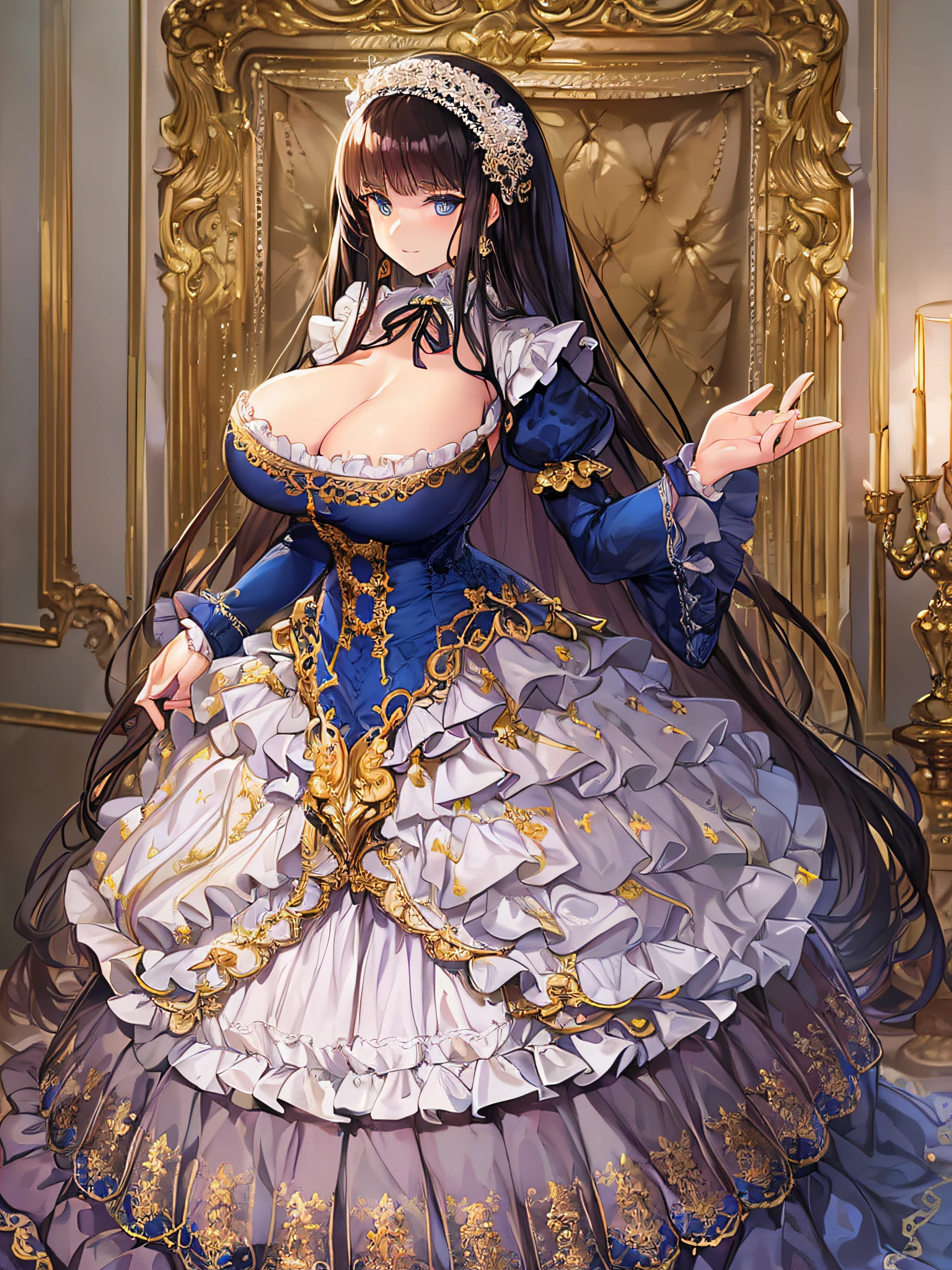 ((anime artstyle)),(Masterpiece),(Best Quality), (Super Detail),((Very Delicate and Beautiful)),((Solo)),((full body)),((1 princess in gorgeousfull victorian dress)),many ruffles,detailed face and eyes,jewel-like eyes,((voluminous Very Long Straight Hair)),((gorgeousfull embroidery and lace)),gorgeous corsage,See-through,gorgeousfull hair ornament,gorgeousfull glitter jeweled tiara,ornate ruffles,((gigantic breasts,Long breasts)),skindentation,((full body)),((hoop skirt,crinoline)),standing pose,Dynamic Angle,Looking at viewer,royal victorian palace,(((gorgeous embroidery gorgeousfull victorian dress)),full body