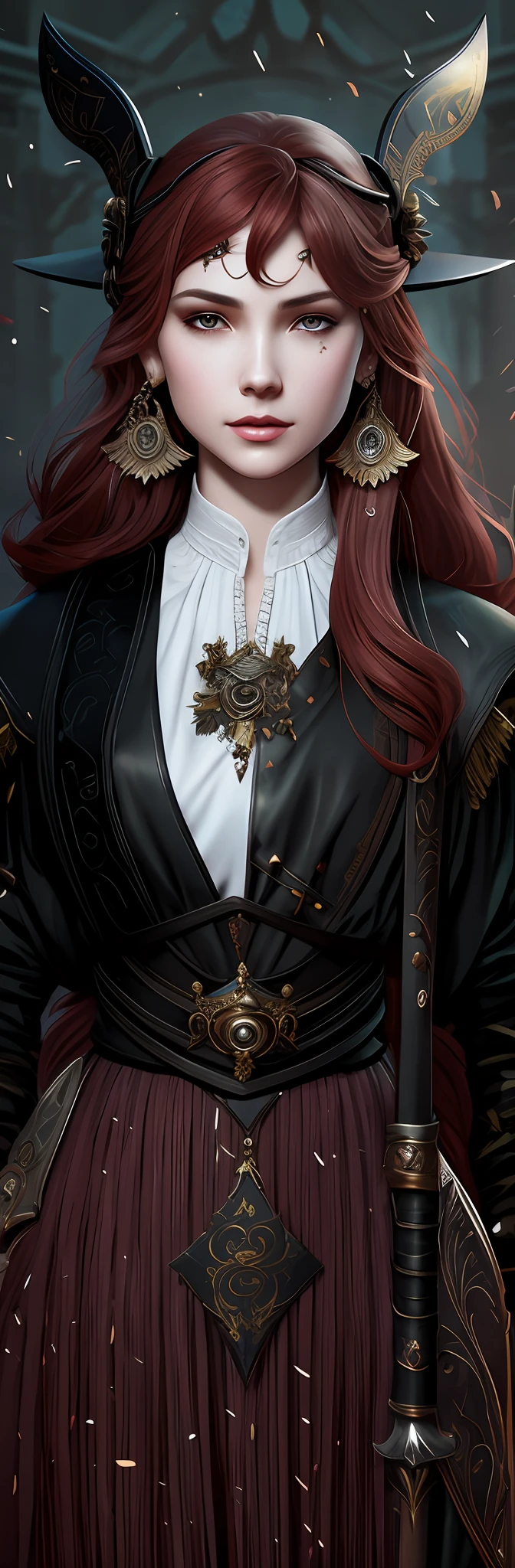 There was a woman with a sword and a hat, Charlie Bowater style, immaculate detail, character art closeup, holding a sword on her shoulder, ornate korean polearm behind her, female redhead templar, highly detailed exquisite fanart, NeoArtcore和Charlie Bowater(charlie bowater), Incredibly clear and clear detail, very detailed and rich clothing, True close-up details
