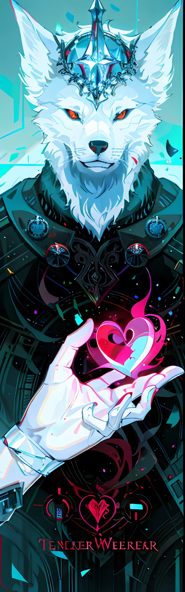 White werewolf Red human heart in the hands of the wolf body Real werewolf