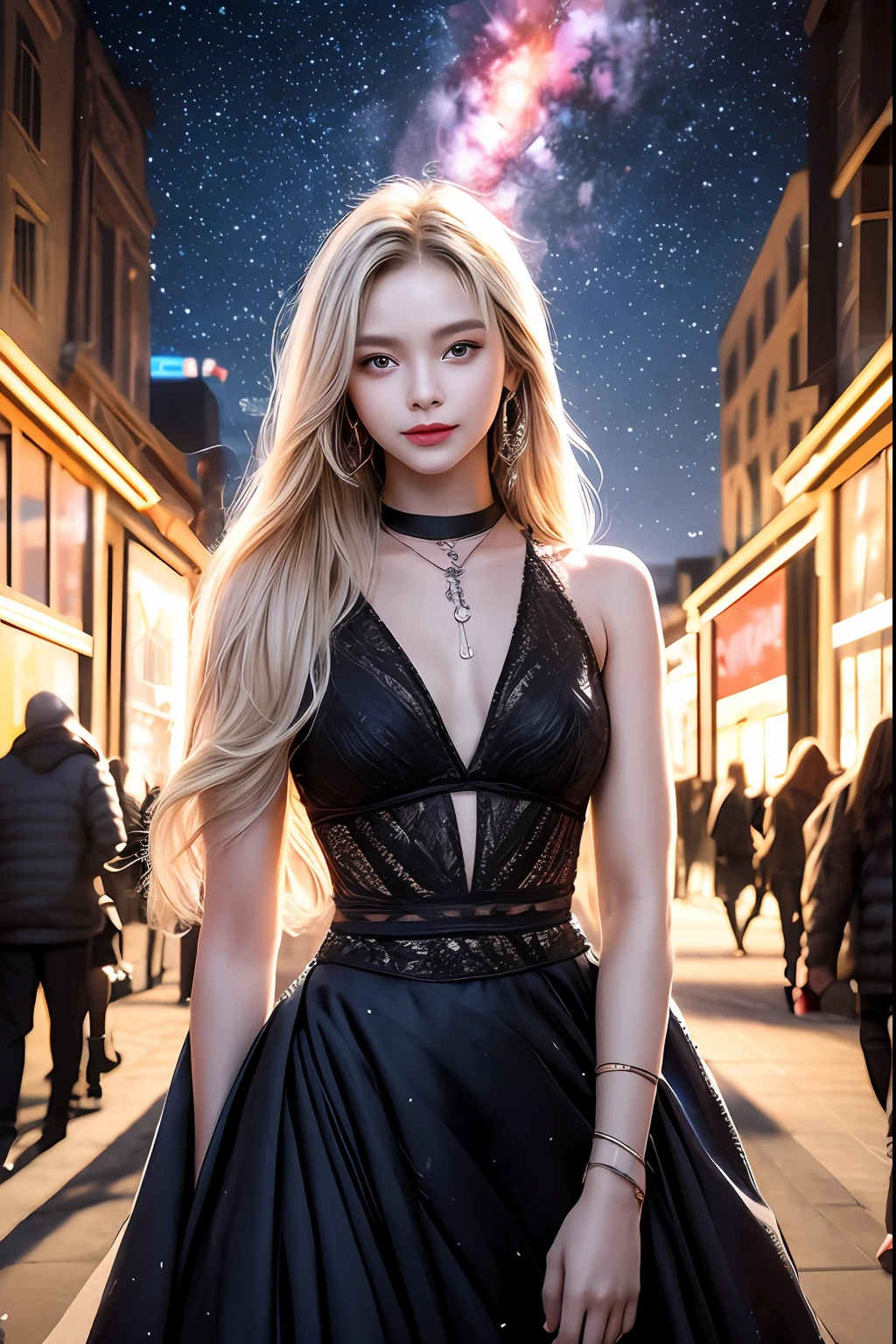 (best quality, masterpiece), 1girl, pose, particle, wind, red carpet, upper body, people are taking pictures background, looking at viewer, blonde, galaxy, smiling, charming face, dynamics light, posting for the pictures, tattooed body, neat fashion, 8k, heatwave --ar 5:7 ---s 750 --q 2 --v 5.1 --style raw