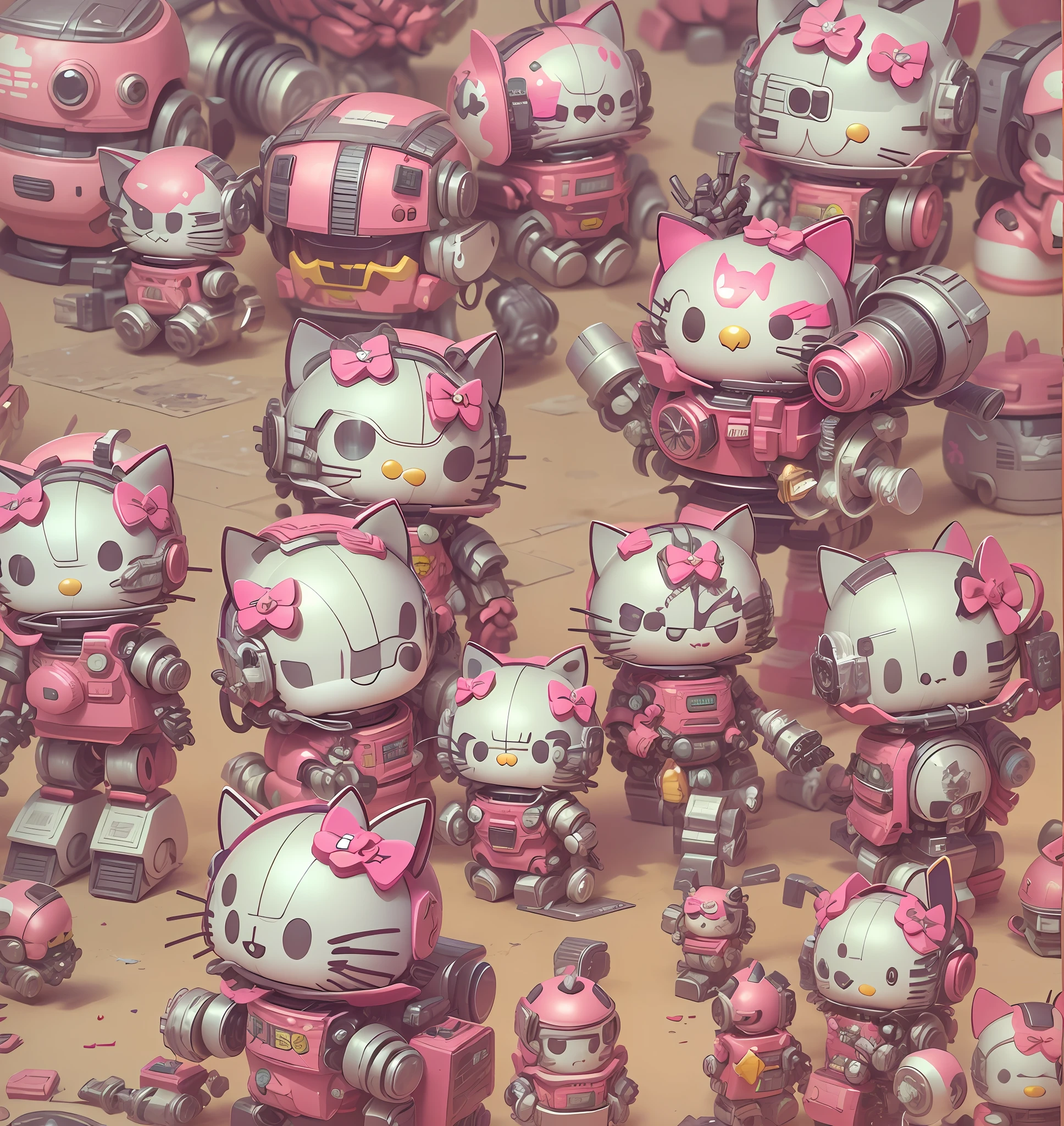 HelloKitty robot with pink mechanical armor. Empty scenario, olhando para o espectador, mechanical cat. Hello Kitty, 3 d illustration. Bad expression, humanoide robot