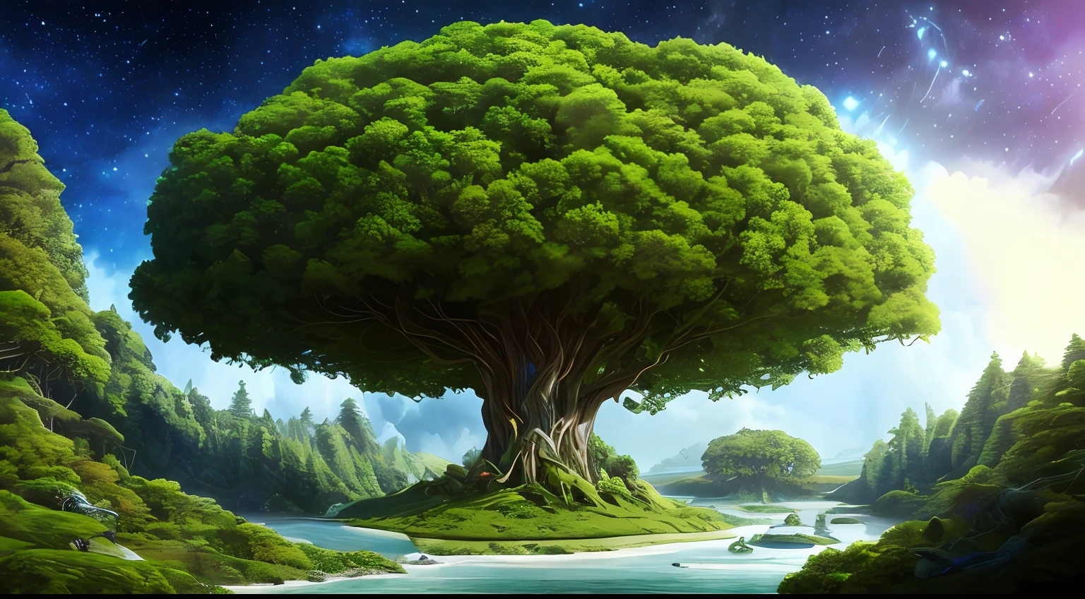 Illustration of a surreal, otherworldly, hyper sky scene including a giant crystal tree full body, highly detailed and magical lighting, intricate forest details, vegetation and surrounding river, solar punk, landscape, giant tree , beautiful green leaves, beautiful lighting and realistic proportions, as if this is a movie background, 8k, highest quality, masterpiece, clouds and stars in the sky.