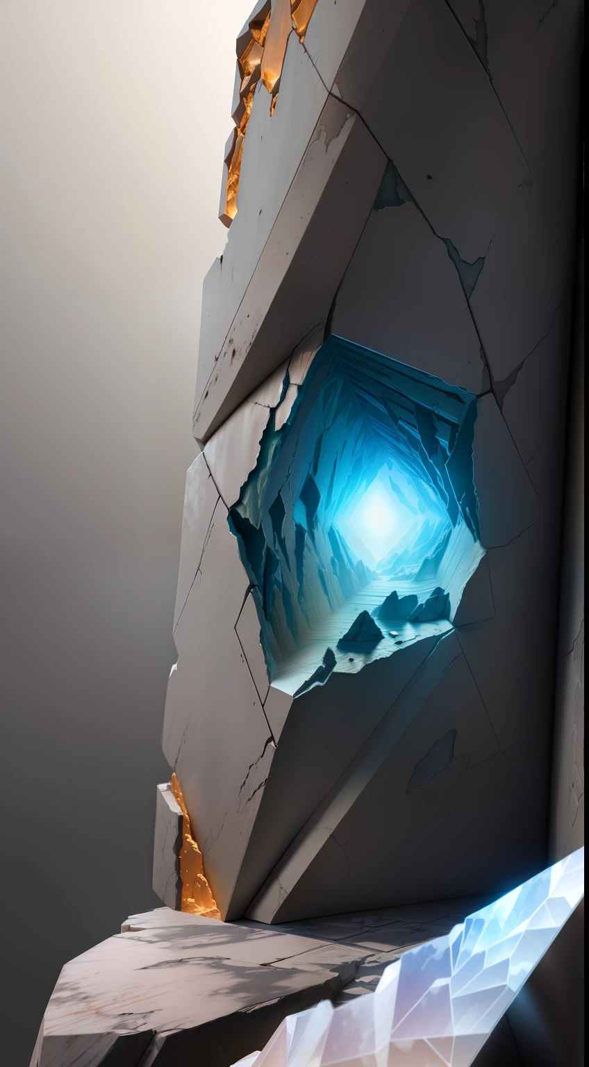 ancient knowledge, pronounced feminine organic clay structure, plastic, going through time and space, ether flow in a shattered titanic structure, frosted glass behance design, subsurface scattering of diffused light, jewelry macro shot, fluid marbling, (stratal incisions:1.1), dynamic, diagonal, tilted, complex composition, bright vivid color accent, slate gray atmosphere, hdr, dramatic light, cinematic