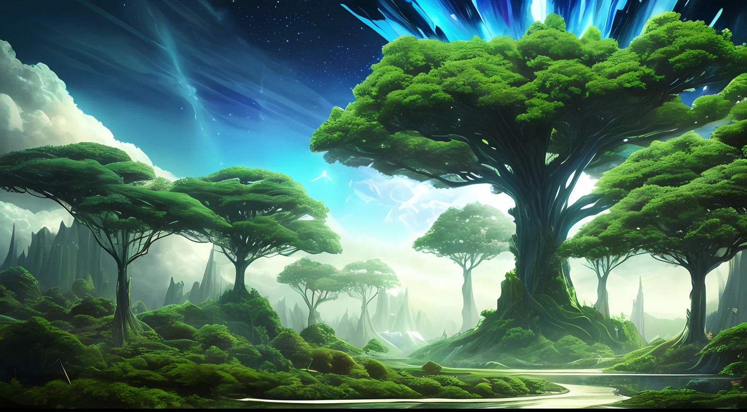 Illustration of a surreal, otherworldly, hyper sky scene including a giant crystal tree full body, highly detailed and magical lighting, intricate forest details, vegetation and surrounding river, solar punk, landscape, giant tree , beautiful green leaves, beautiful lighting and realistic proportions, as if this is a movie background, 8k, highest quality, masterpiece, clouds and stars in the sky.