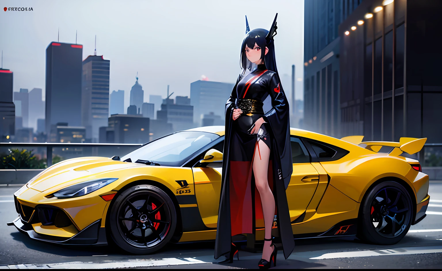 Tarde, 1 girl standing by car, Carros, traje espacial, carro preto, spoiler limpo, Very detailed, luzes brilhantes, carro esportivo, carro badass, Coelho Foguete, Japan, JDM, carro sob brilho, Race track, (moldura central), super car
